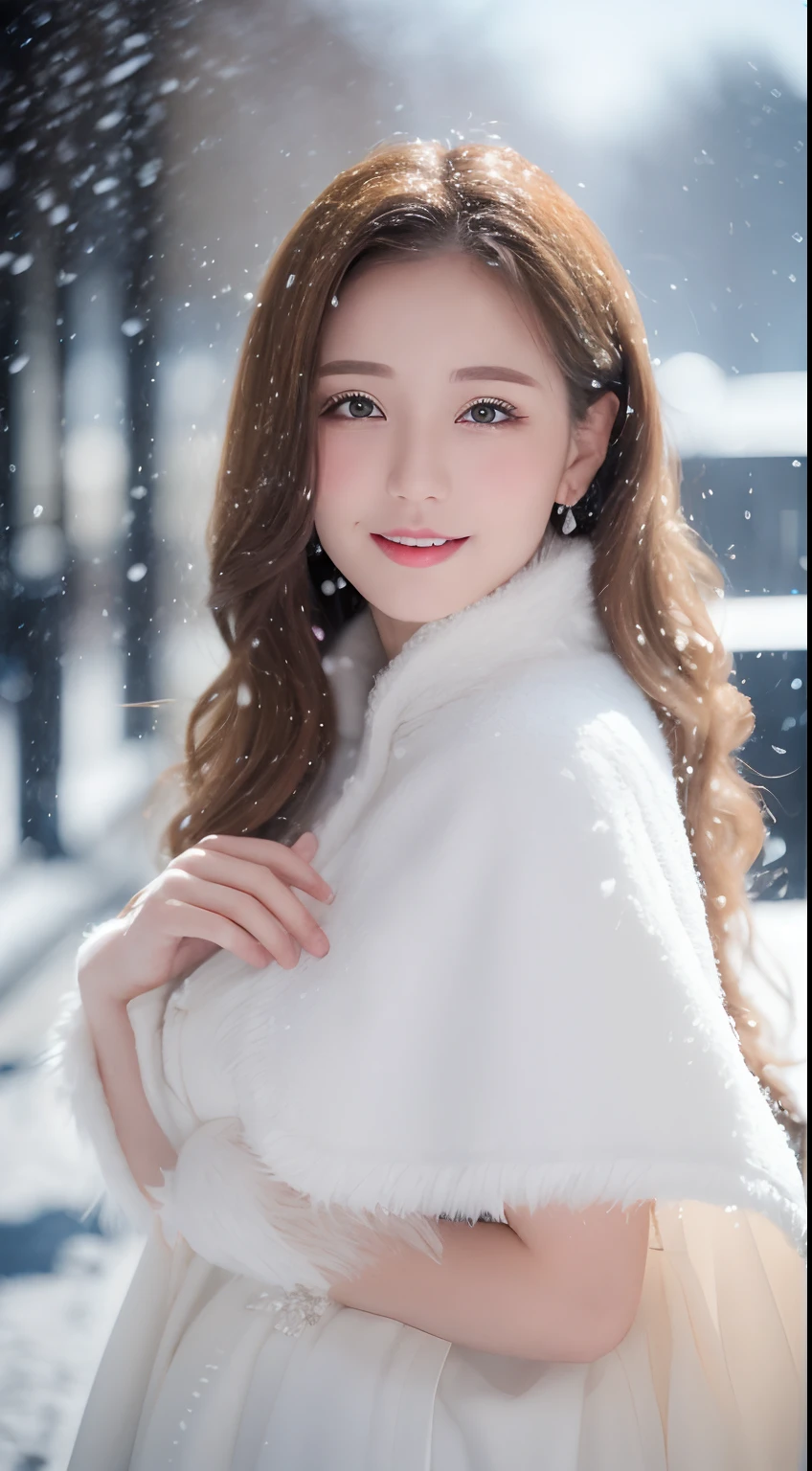 ((best qualtiy, 8K, tmasterpiece:1.3)), Focus:1.2, perfect figure beautiful woman:1.4, Cocked buttocks:1.2, ((long whitr hair)), (Thick fur collar cape:1.1) , (Falling snow, street，stop，copse，snow cover:1.3),Lace aristocratic ta costume:1.1, Highly detailed facial and skin texture, A detailed eye, 二重まぶた，Whiten skin，ssmile，huge tit，Cinematic lighting，Detailed details，Real hair and skin，