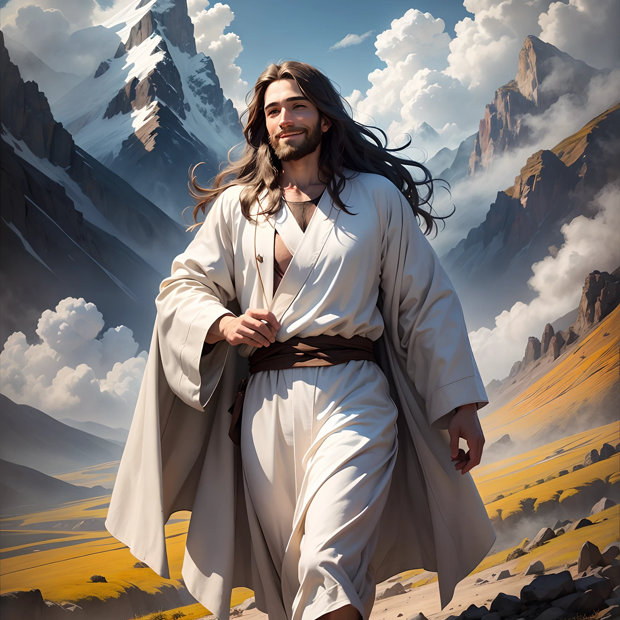 Jesus,portrait, soft light, a man with long brown hair and a beard, wearing a white robe and a blue sash, walking in the mountain, smiling gently, mountains and clouds in the background, 8k, oil painting