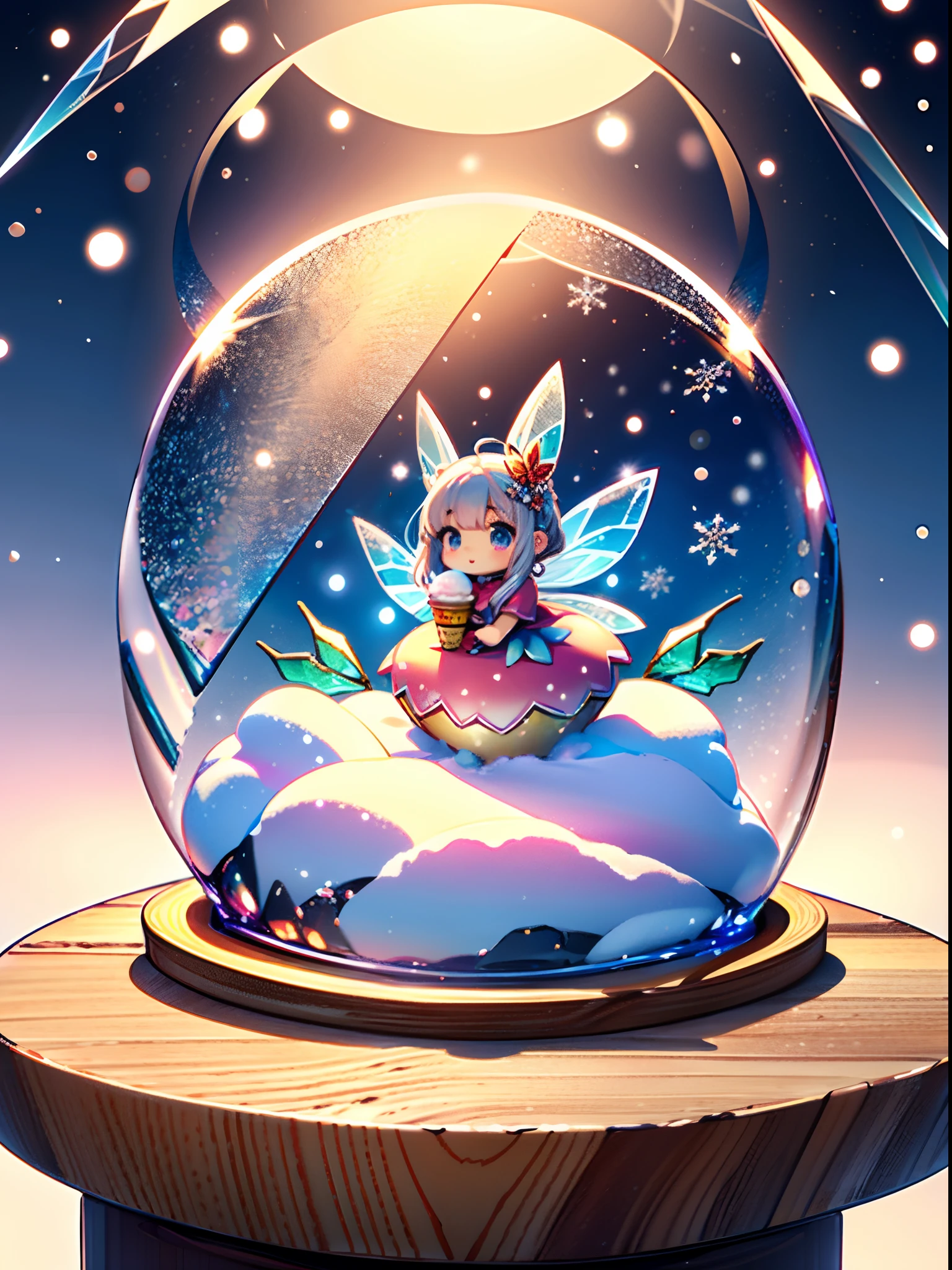 (Precise and unmatched illustrations:1.3), (1girl:1.3), (ice cream and Fairies in a snow globe), Holding and eating an ice cream, (kawaii, Cute, Tiny, chibi:1.3), (wearing Fairy wings of crystal-clear material:1.5), (dress), (Simple Background:1.3),(The World in a snow globe:1.5),(Inside the snow globe is a world made of colorful ice cream).(Best Quality), (masutepiece:1.3), Ultra-detailed,