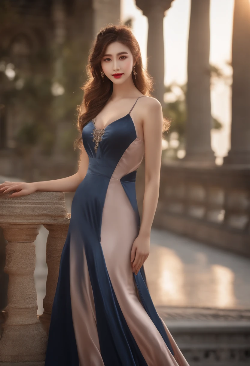 (Realistic:1.5),(raw photo:1.4), (photorealistic:1.3),(masterpiece), best quality, highest quality, extremely detailed CG unity 8k wallpaper, detailed and intricate, original,highres, [:(detailed face:1.2):0.2],film grain, Fujifilm XT3, (high detailed skin:0.9), 8k,(ulzzang-6500:0.9), balcony, show by rock!!, light smile, cleavage, detailed gradient background, full body, sunlight,slim body,beautiful dress,beautiful hand shape, full body