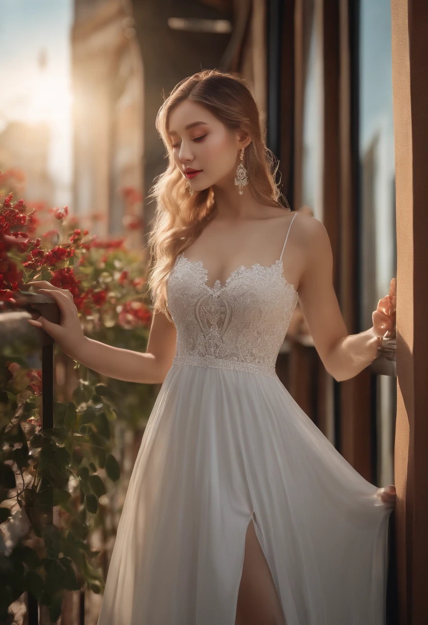 (Realistic:1.5),(raw photo:1.4), (photorealistic:1.3),(masterpiece), best quality, highest quality, extremely detailed CG unity 8k wallpaper, detailed and intricate, original,highres, [:(detailed face:1.2):0.2],film grain, Fujifilm XT3, (high detailed skin:0.9), 8k,(ulzzang-6500:0.9), balcony, show by rock!!, light smile, cleavage, detailed gradient background, full body, sunlight,slim body,beautiful dress,beautiful hand shape, full body