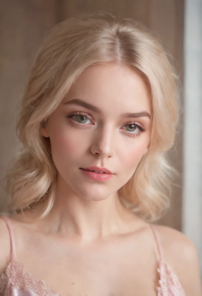 a woman with blonde hair and full lips with soft features,Pretty in a pink Negligee
