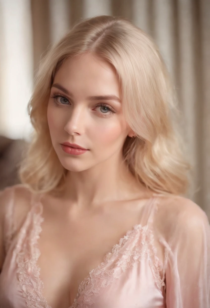 a woman with blonde hair and full lips with soft features,Pretty in a pink Negligee