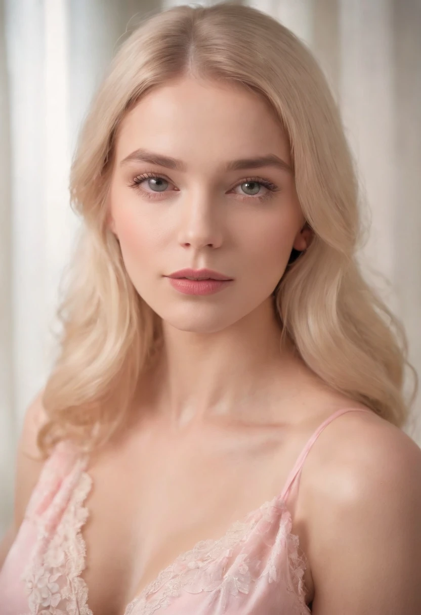 a woman with blonde hair and full lips with soft features,Pretty in a pink Negligee