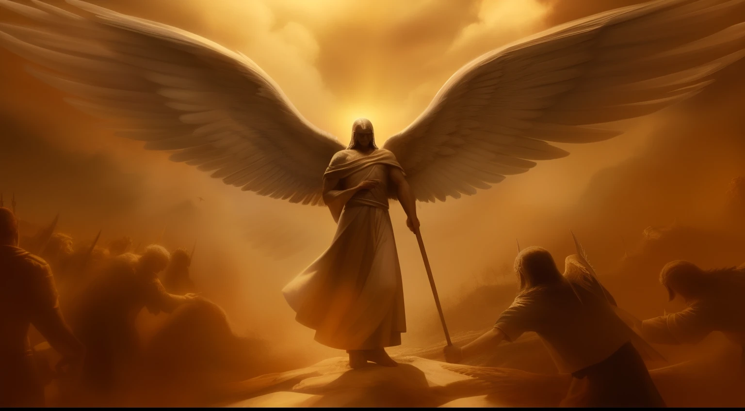 uma pintura de um anjo parado na frente de um grupo de pessoas, arcanjo, angels vs demons, angels and demons, anjo super largo, Anjo no inferno, epic angel wings, Arcanjo Miguel, angel watching demon, O Anjo da Morte, to understand hell or go angelic, angelic, anjo protegendo o homem, angel spirit guide, anjo do antigo testamento