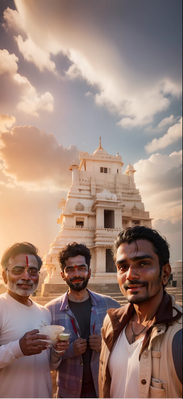 Indian Innocent men and colour full 8k resulation, dwaraka temple backround cultural traditional dresses, smiling faces, detailed images, raw photo