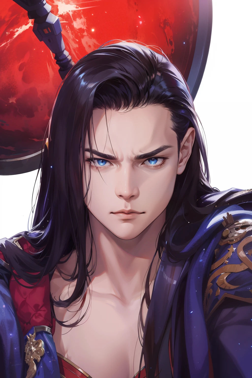 (absurdres, highres, ultra detailed), 1 male, mature, manly, tall muscular, handsome, finely detailed eyes, intricate details, portrait, (bloody scars:0.7), looking at viewer, solo, (full body:0.6), detailed background, close up, determined expression, dynamic pose, evil wonder woman outfit, outer space, stars, comets, spacecraft, floating particles, battle scene, majestic atmosphere,