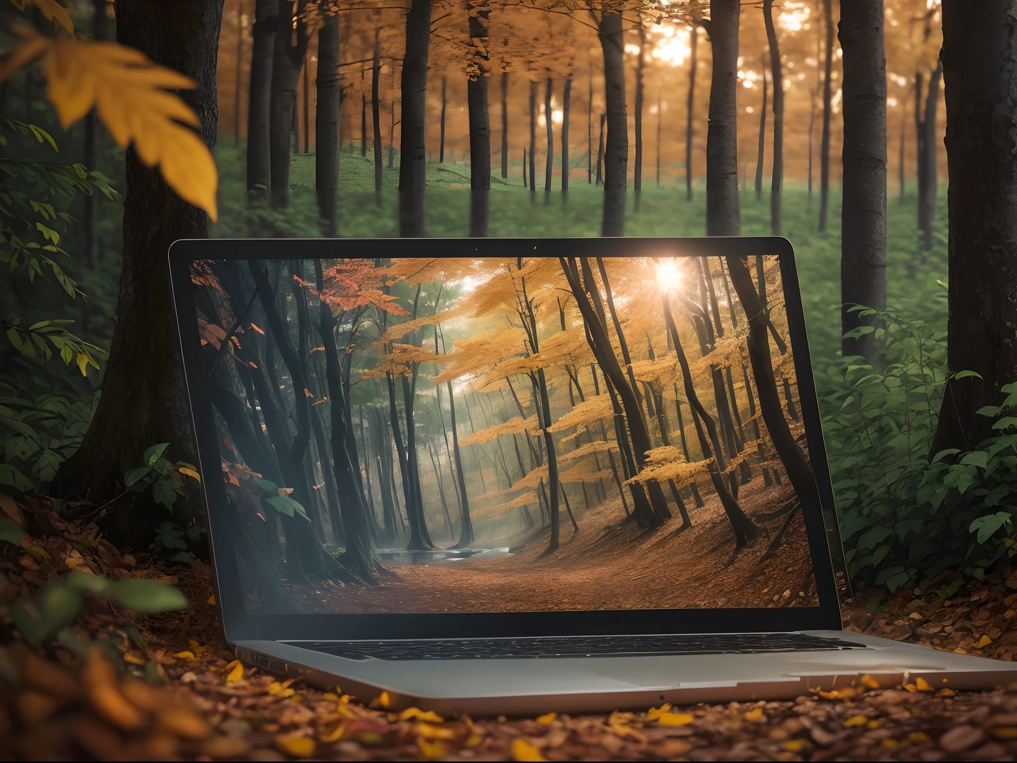 Ultra realistic artistic and professional photo of a laptop half buried in the vegetation of a deciduous forest in autumn, dirt partially covers and splashes its screen, golden hour, cool environment, gentle breeze, high contrast, natural color, artificial light and daylight , 21mm lens, raw, maximum focus, shallow depth of field, long take, textures, highly intricate detail, surreal photo manipulation, award winning photography, professional, photorealistic --auto --s2