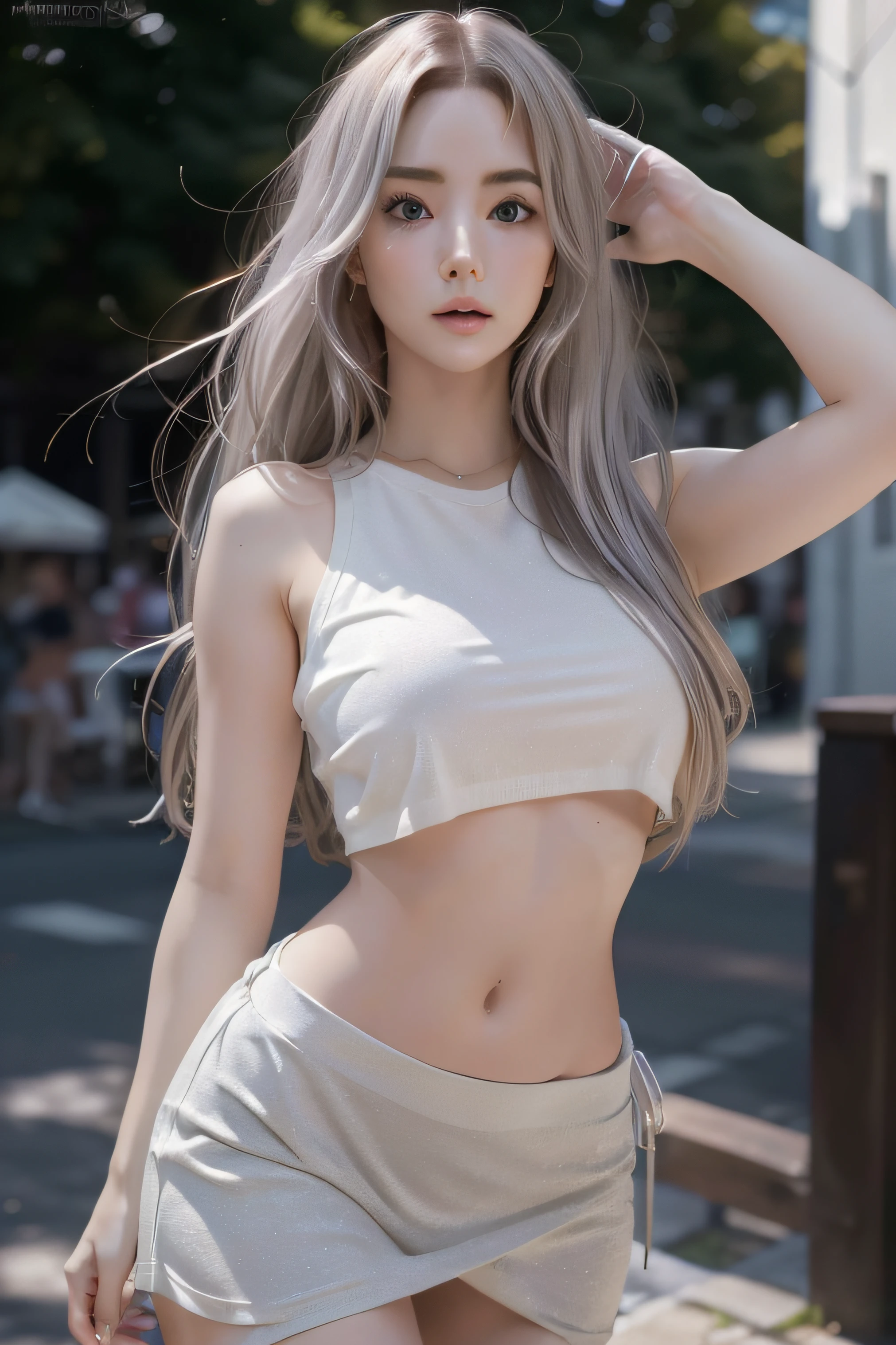 platinum color hair, her hair color is platinum, full body view from side and down, looking at viewer, platinum colour hair, her hair colour is platinum, fit athletic perfect body, flawless body, flawless perfect anatomy, Low waist cut mini sexy skirt, waist dimples, lover butt cheek lines, whale tale, side boob, down boob, downblouse, upskirt, full body view from side and down, lewd plummeting sheer top, lifting up her skirt and pulling away her top, pulling away her skirt and lifting her top to exhibit and flash, fit perfect body, flawless anatomy, platinum hair, flashing, wardrobe malfunction, waist dimples, very crowded public place, (RAW photo, UHD, HDR, 8k, best quality, trending on artstation, masterpiece, photorealistic), ultra high quality, ultra high resolution, UHD, 3D shot, masterpiece, photorealistic detail, dynamic angle, best quality, lens flare, octane render, ultra-detailed , professional lighting, photon mapping, radiosity, physically-based rendering, ue5, (((realistic))) Canon 5D, masterpiece, highest quality, sharp focus, hyper realistic, lifelike texture, intricate face, intricate eyes, high contrast, subsurface scattering, f2, depth of field, film grain, FujifilmX