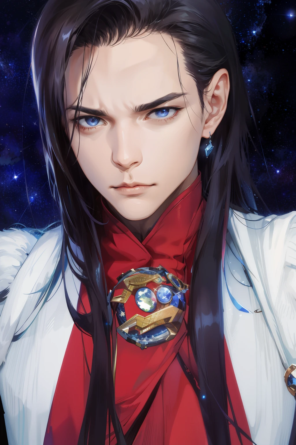(absurdres, highres, ultra detailed), 1 male, mature, manly, tall muscular, handsome, finely detailed eyes, intricate details, portrait, (bloody scars:0.7), looking at viewer, solo, (full body:0.6), detailed background, close up, determined expression, dynamic pose, evil wonder woman outfit, outer space, stars, comets, spacecraft, floating particles, battle scene, majestic atmosphere,