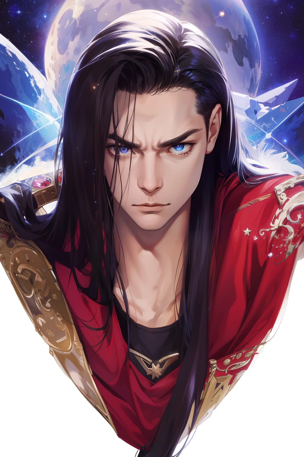 (absurdres, highres, ultra detailed), 1 male, mature, manly, tall muscular, handsome, finely detailed eyes, intricate details, portrait, (bloody scars:0.7), looking at viewer, solo, (full body:0.6), detailed background, close up, determined expression, dynamic pose, evil wonder woman outfit,  outer space, stars,   comets,    spacecraft,  floating particles,  battle scene, majestic atmosphere,