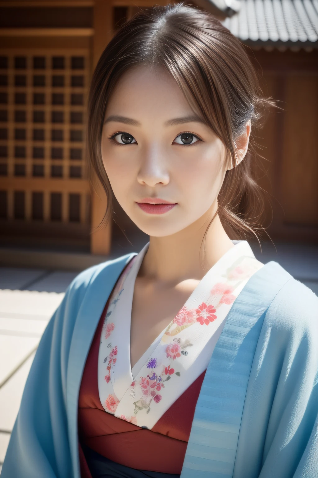 Wearing a kimono、Real Japan woman in the temple, beautiful japanese female, beautiful japanese female, goddess of Japan, Beautiful Japan Female Face、Tie up your hair、Inserting kanzashi、A MILF、Sexy Japan woman、Looking at the camera、Look into the eyes、facing front、face forwards、Beautiful collarbone、beautidful eyes、Sit down and brew tea、Narrow-eyed、Single eyelid、Small eyes、tthin eyebrows、30-year-old woman with、low nose、thin lipss、