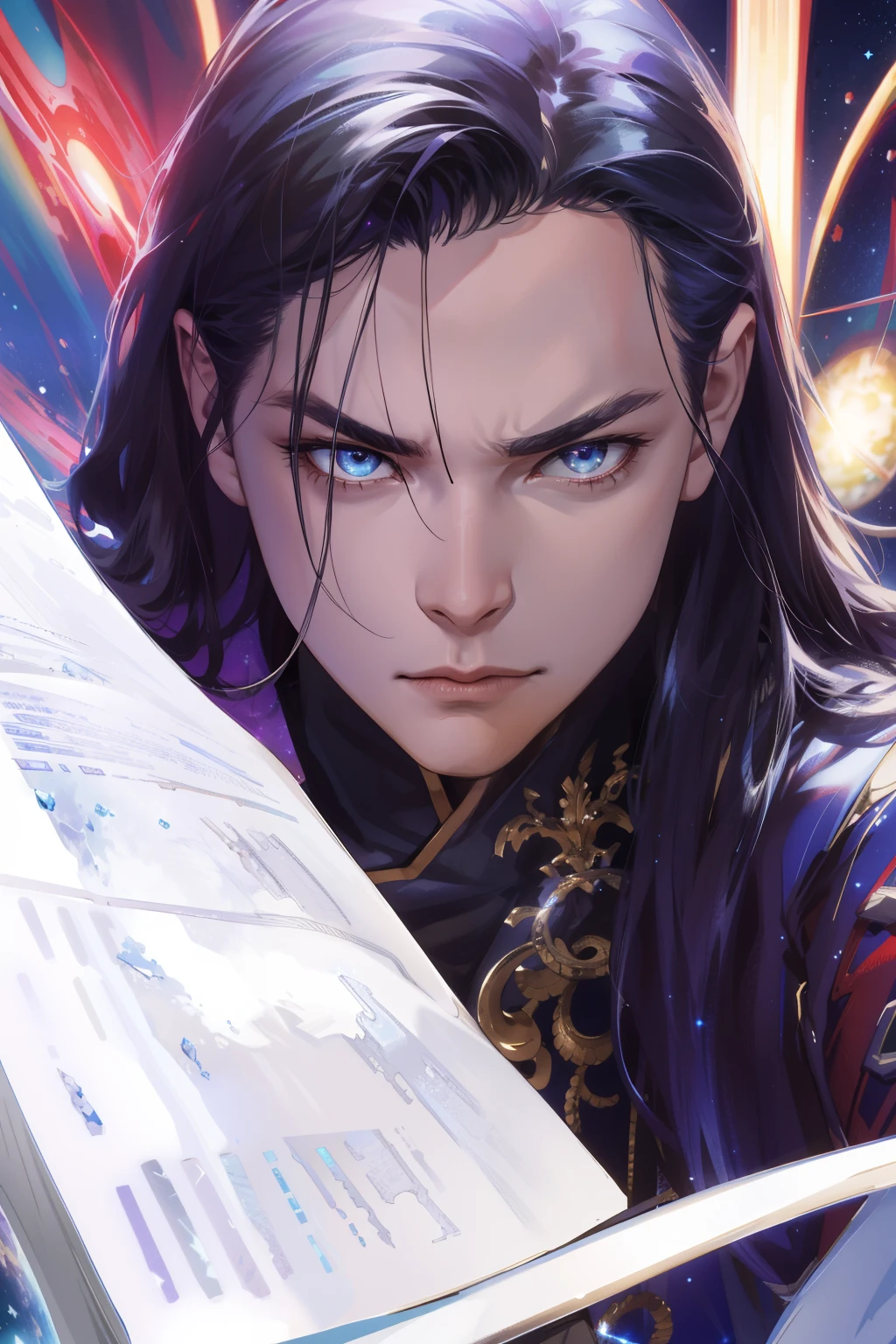 (absurdres, highres, ultra detailed), 1 male, mature, manly, tall muscular, handsome, finely detailed eyes, intricate details, portrait, (bloody scars:0.7), looking at viewer, solo, (full body:0.6), detailed background, close up, determined expression, dynamic pose, evil wonder woman outfit, outer space, stars, comets, spacecraft, floating particles, battle scene, majestic atmosphere,
