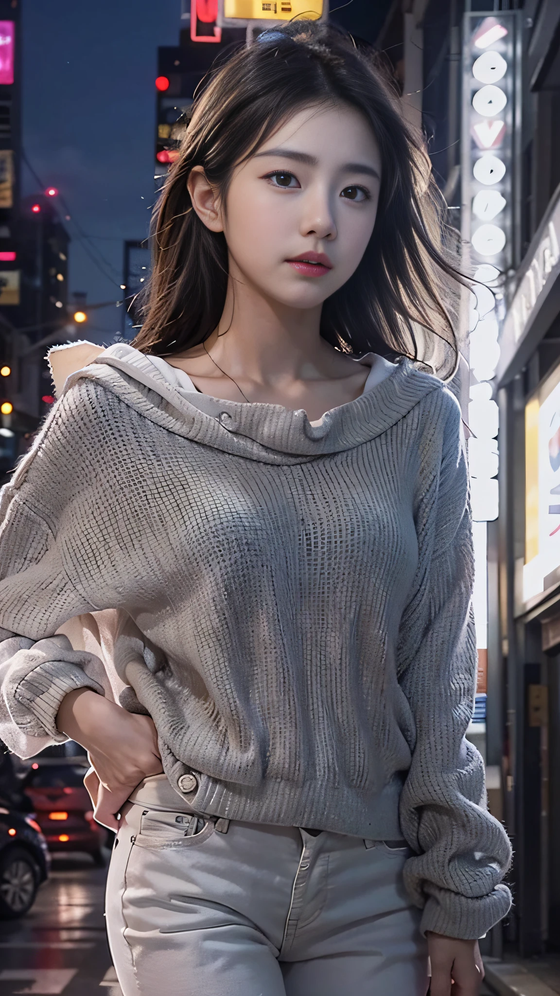 More realistic。18year old、Beautiful expression、A dark-haired。 Generate images of brightly lit cityscapes on a beautiful night. The scene is、Facing the boulevard in an urban environment、It is necessary to draw a bright date course in the light of the building. City lights should illuminate streets and buildings, Capture the charm of the city at night, Where lighting and atmosphere set the perfect mood for a memorable evening. She was facing to the left and、、Looking far away from the camera. Female image. She wears Jena's jacket, Eta、The collar of the Jena jacket hides her chin. The outer color is dark blue, There is a yellow logo on the chest. Pants are wide-leg jeans, And she wears sneakers. The pose should create the illusion of elongated legs. The overall style needs a cyberpunk aesthetic, With futuristic and edgy elements.She stands away from the camera, Make her legs look elongated、Make her face look smaller. Her contours are brightly illuminated with flashes, Get creative when drawing this scene。Korean actress、Park Gyu-young, female actress from korea, light milky white porcelain skin, smooth translucent white skin, shiny white skin, pale porcelain white skin, Beautiful body and face, wlop glossy skin, beautifull detailed face, Beautiful Asian Girl, young body,1０age , Asian, Asian Girl, 。 (Detailed face description), (Detailed hand description), (masutepiece), (Exquisite CG), extreme light and shadows, disheveled hair, master work, Rich details, Put your hands on your hips、Produces an image of a woman standing with her right leg stretched forward、Make the legs elongated illusion. She should pose confidently,