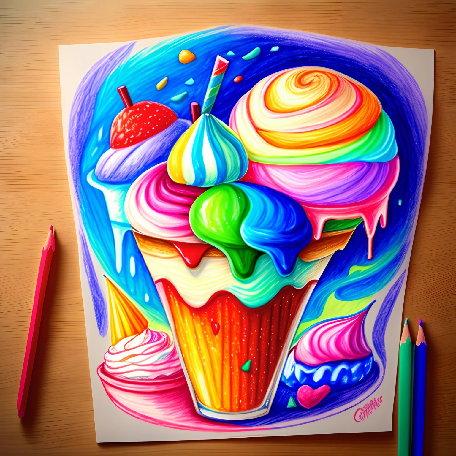 Drawings with colored pencils、Fantastic Ice Shop、Colorful ice cream、Ice cream parfait