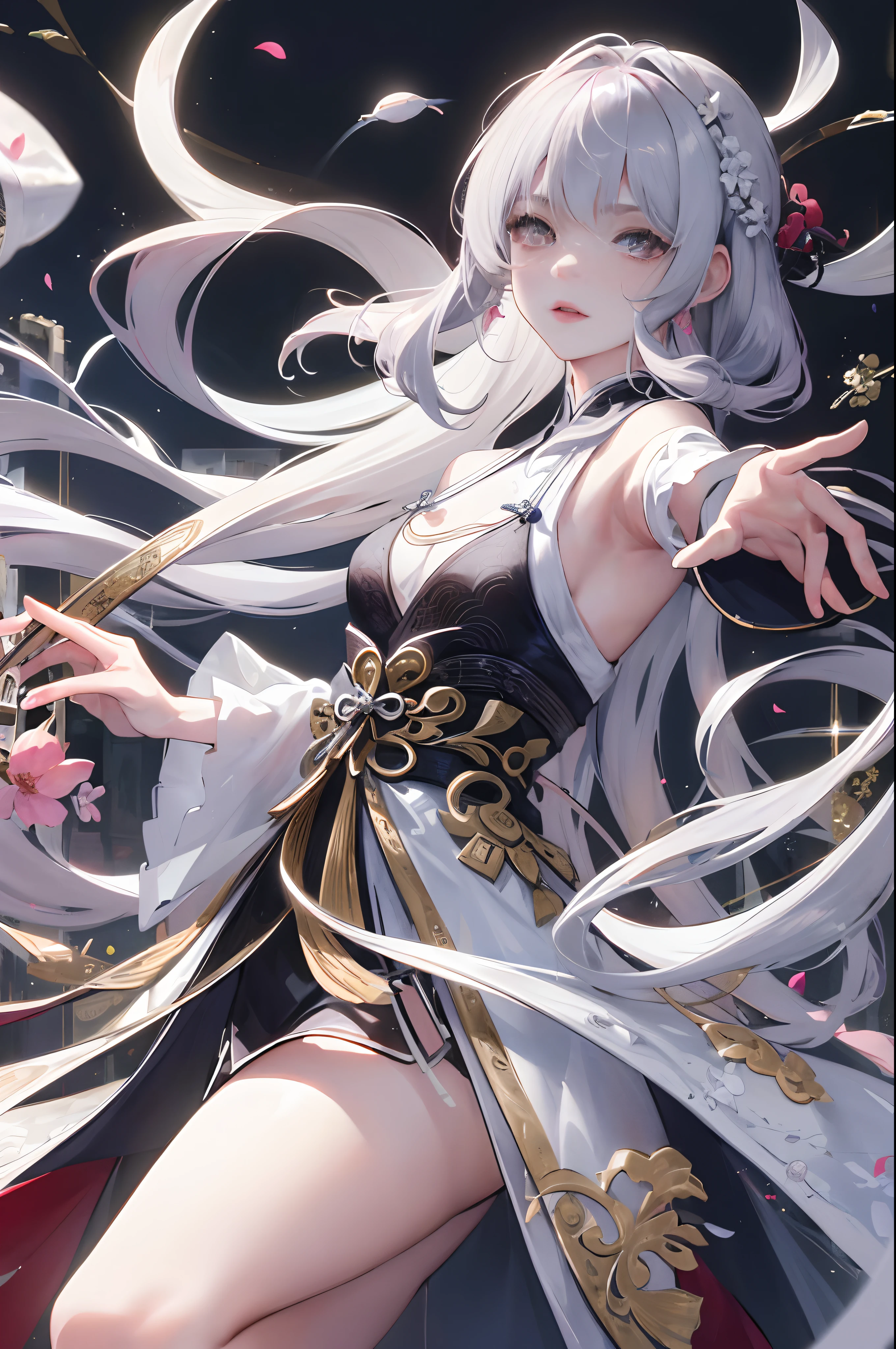8K, Masterpiece, Best quality, Night, full moon, 1 girl, Chinese style, Chinese architecture, Mature woman, sister, Silver white long haired woman, Long hair, Light pink lips, calm, logical, bangs, Gray pupils, assassins, Fan, Knife fan, petal dancing, Delicate face,