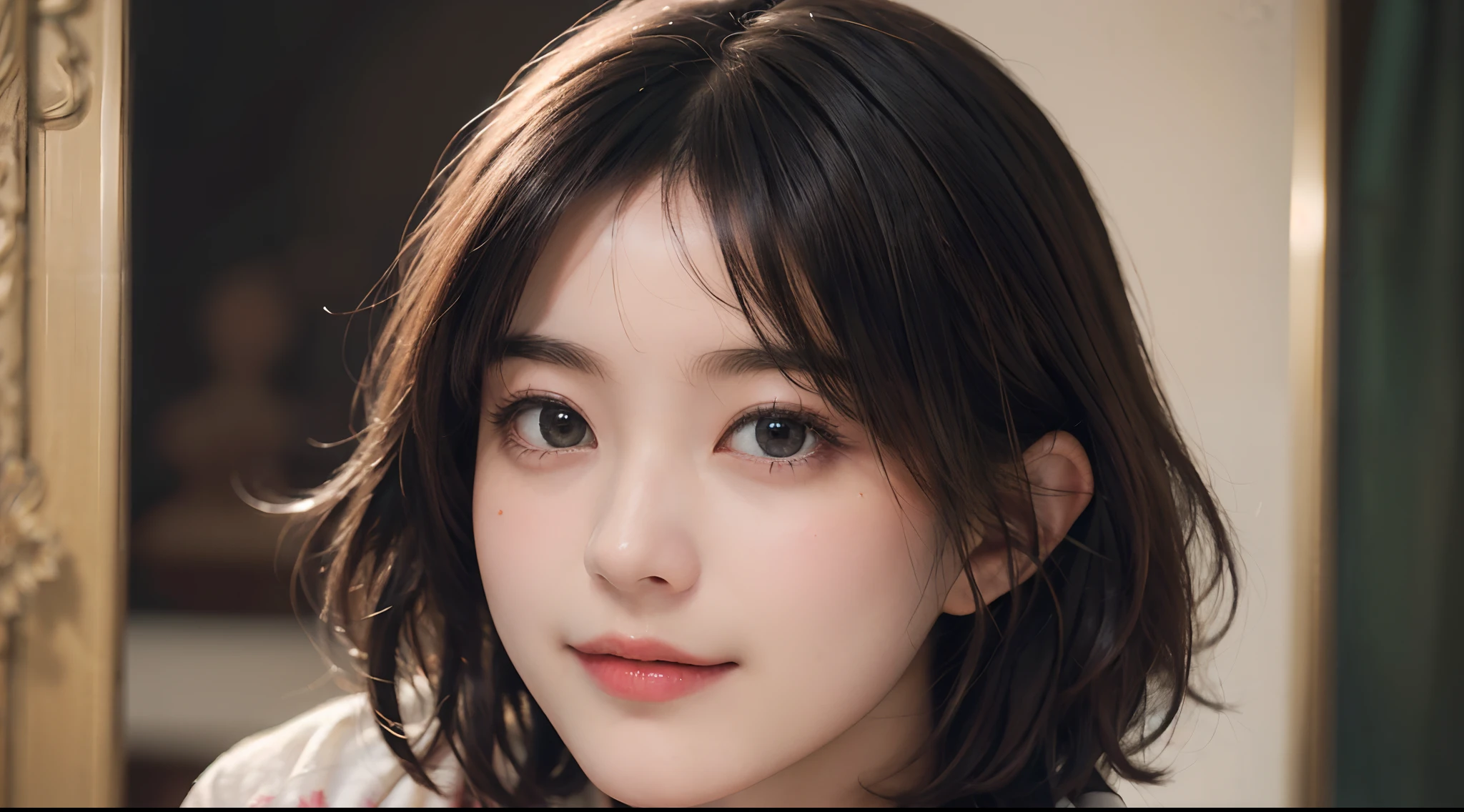 (RAW Photography、top-quality)、(realisitic、Photorealsitic:1.3)、top-quality、high-detail、​masterpiece、ultra-detailliert、illustratio、1girl、(((Beautiful skin)))、whole body、dynamic ungle、world masterpiece theater、(((very-short-hair)))、top-quality、the Extremely Detailed CG Unity 8K Wallpapers、inky、magnifica、电影灯光、lens_flare、dunhuang_style、(nice breasts)、Oil paintings by Rubens、((Light and Darkness))、((Contrasty))、(with floral pattern)、A slight smil
