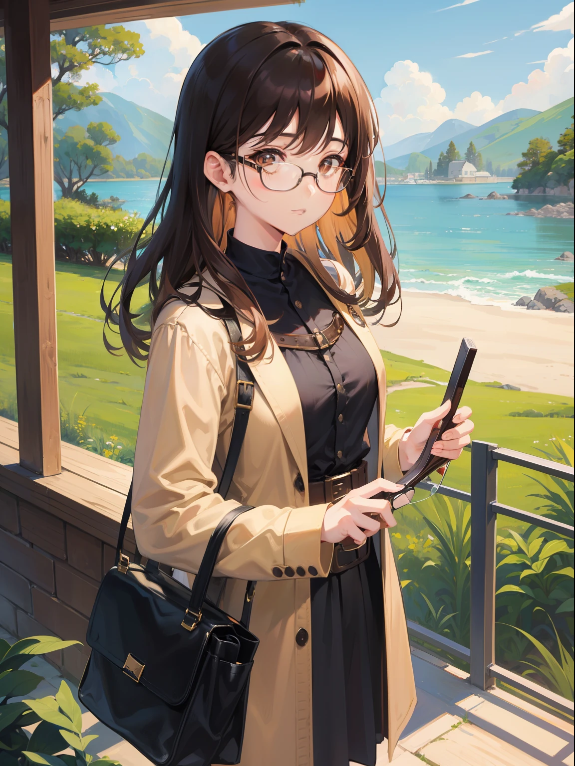 1人の女性、brown haired(Curta)、Brown eyes、Black-rimmed glasses、Spring landscape