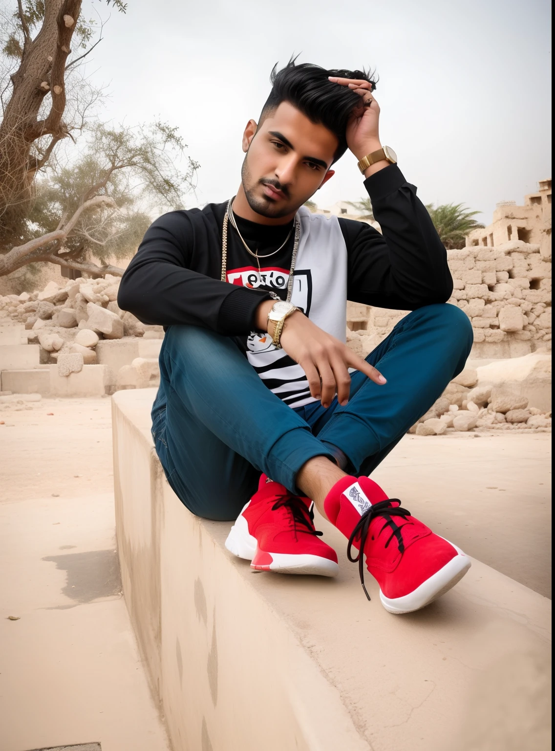 araffe sitting on a cement block with his feet crossed, stylish pose, edited in photoshop, very artistic pose, modeling shoot, with a cool pose, mohamed chahin style, kyza saleem, shooting pose, full body photogenic shot, cool pose, music video, riyahd cassiem, portait photo profile picture, * colour splash *