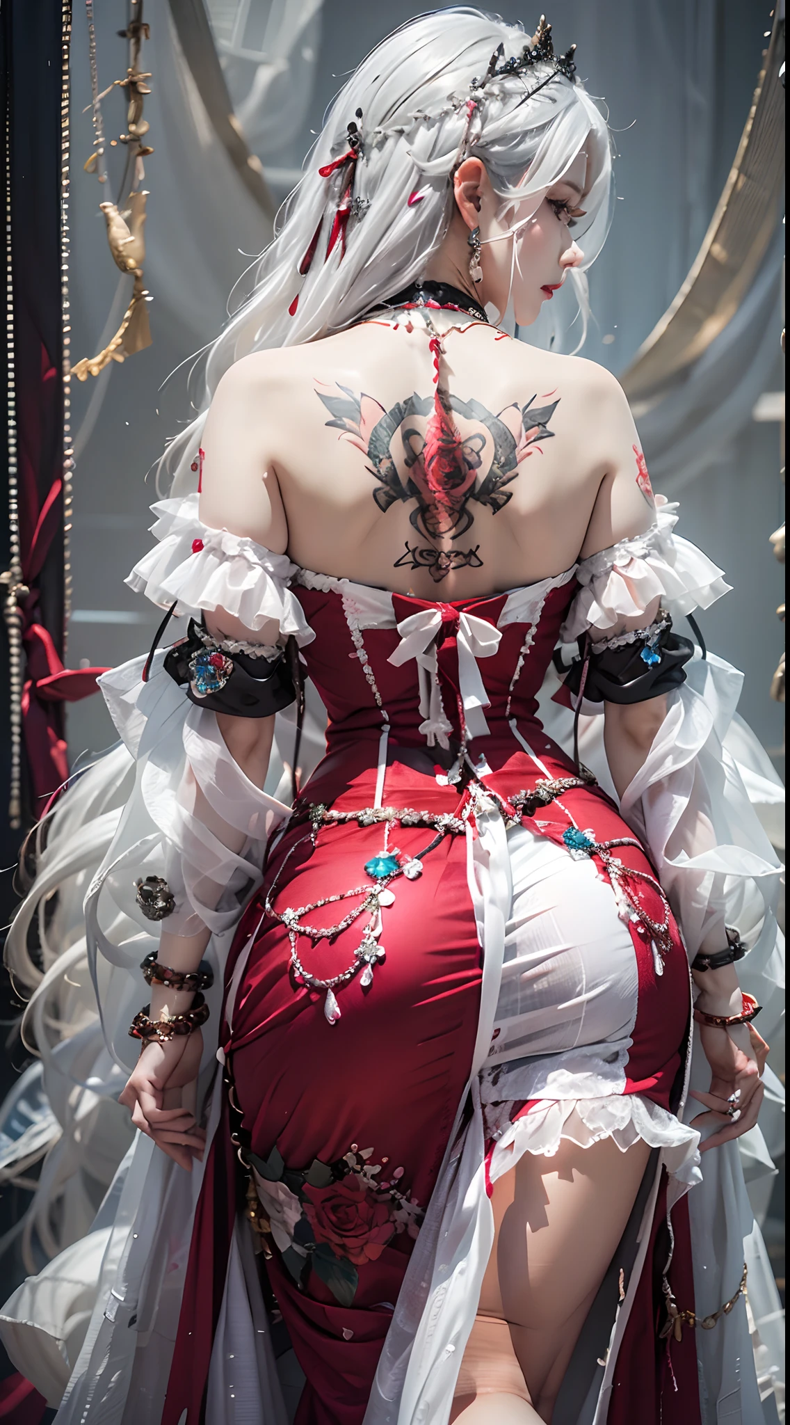 Photorealistic, high resolution, 1 woman, Hips up, Beautiful eyes, Long hair, ringed eyes, jewelry, tattoo, skirt, cnsdress, white hair, back view