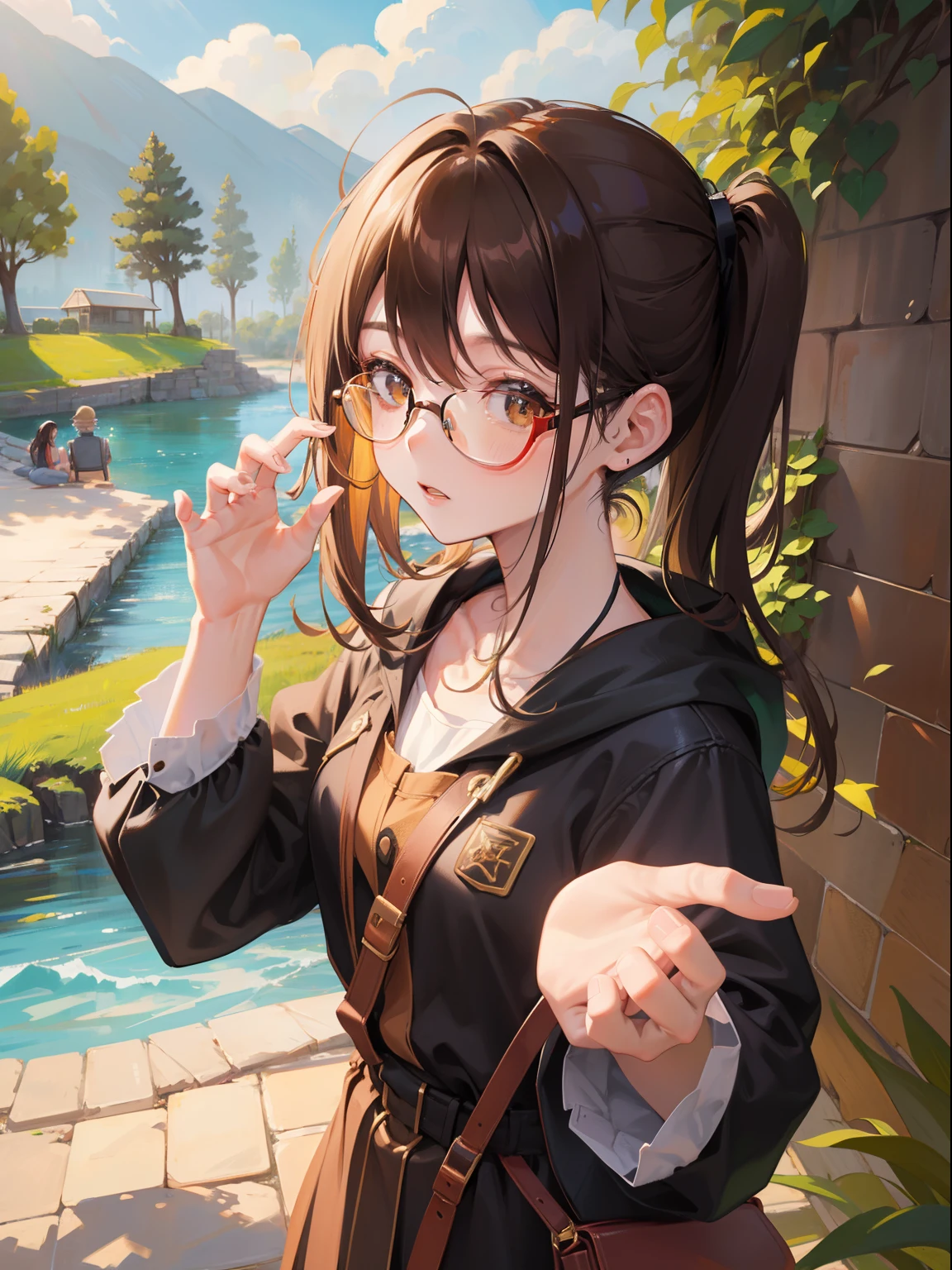 1人の女性、brown haired(Curta)、Brown eyes、Black-rimmed glasses、Spring landscape