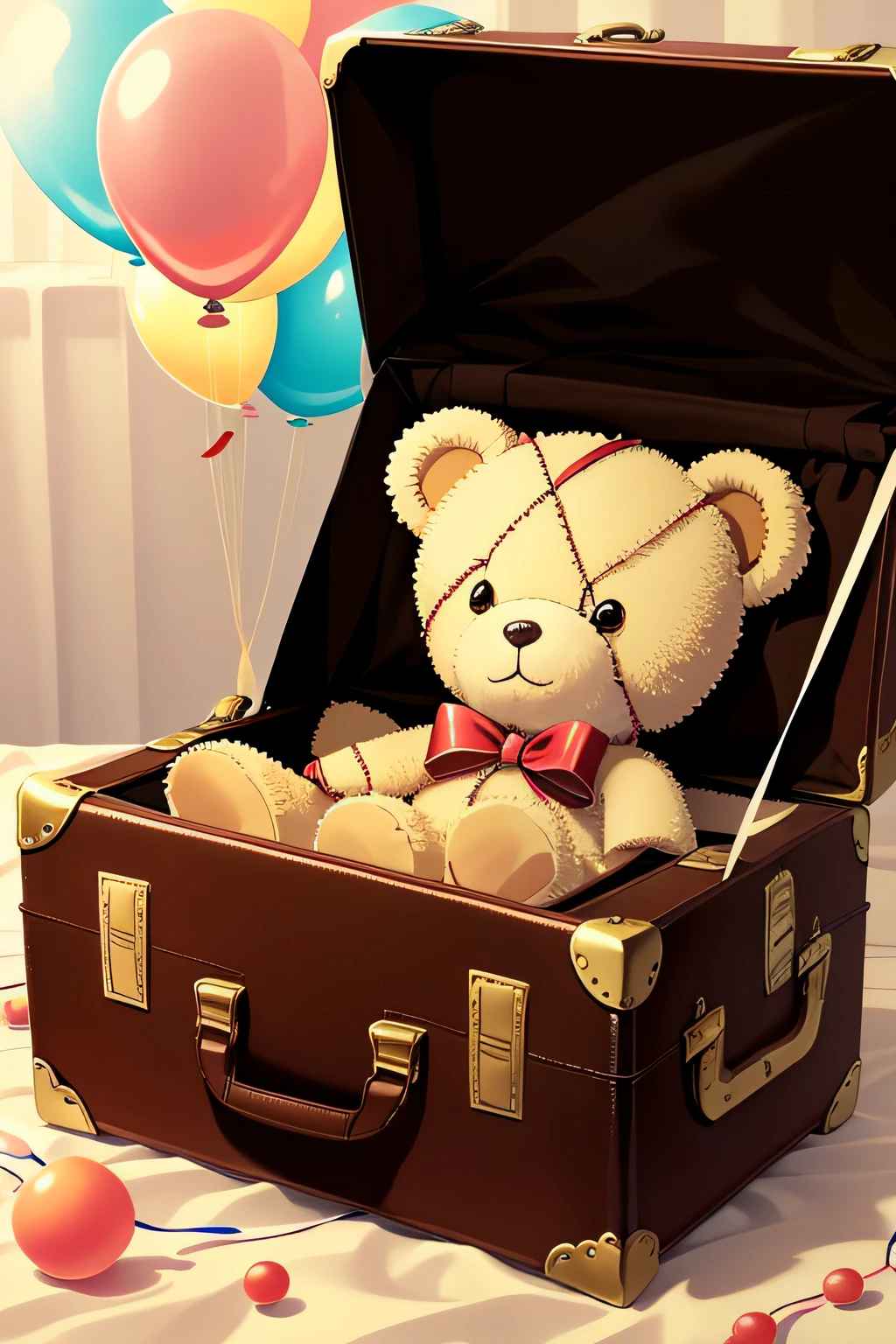 a teddy bear sitting in a vintage suitcase. The suitcase is brown and has a brass latch. The teddy bear is white and has brown eyes. It is sitting upright in the suitcase with its arms folded. Next to the suitcase is a birthday cake. The cake is three-tiered and decorated with candles, sprinkles, and balloons. There are also several balloons floating in the air around the suitcase