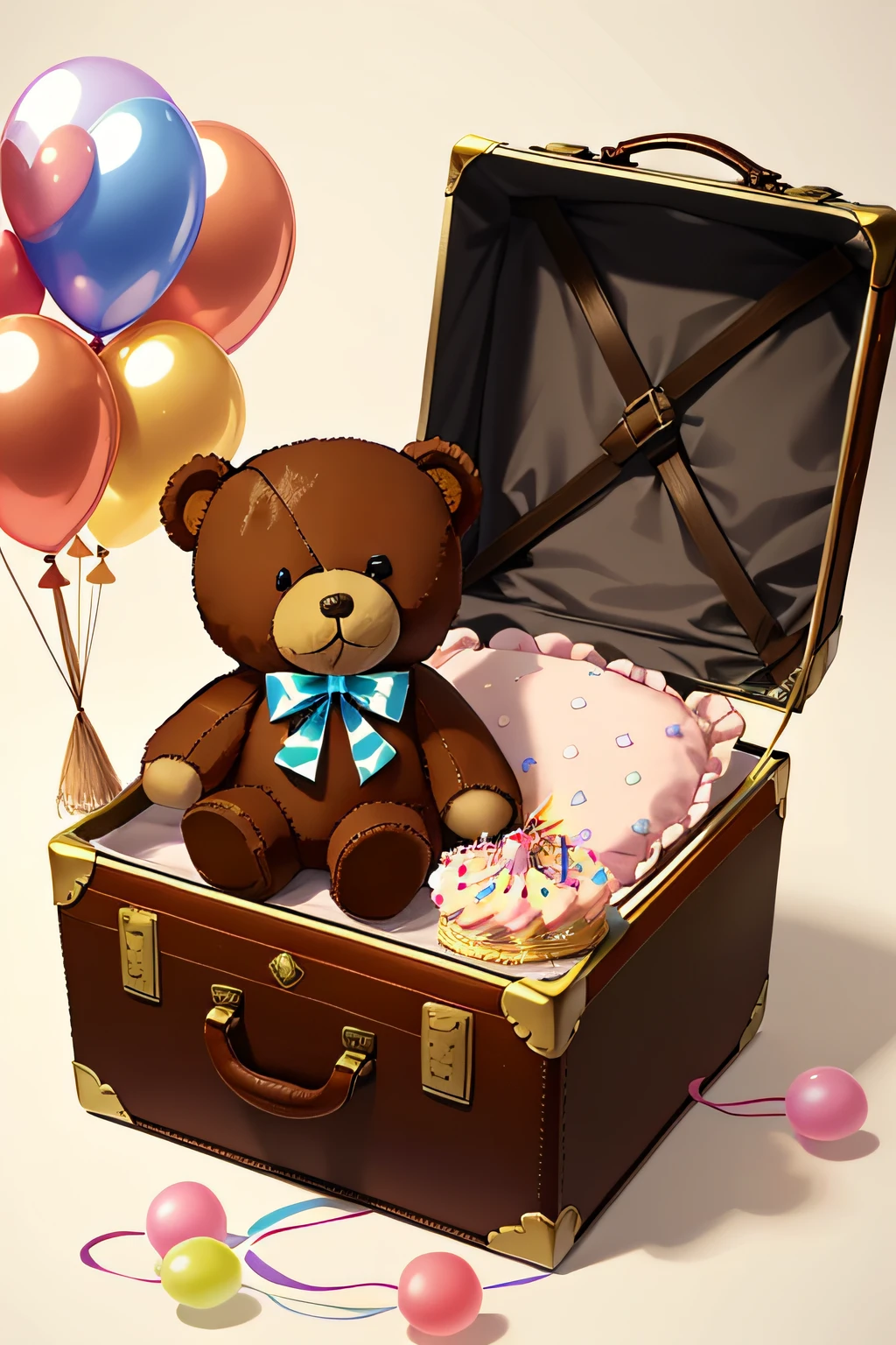 a teddy bear sitting in a vintage suitcase. The suitcase is brown and has a brass latch. The teddy bear is white and has brown eyes. It is sitting upright in the suitcase with its arms folded. Next to the suitcase is a birthday cake. The cake is three-tiered and decorated with candles, sprinkles, and balloons. There are also several balloons floating in the air around the suitcase