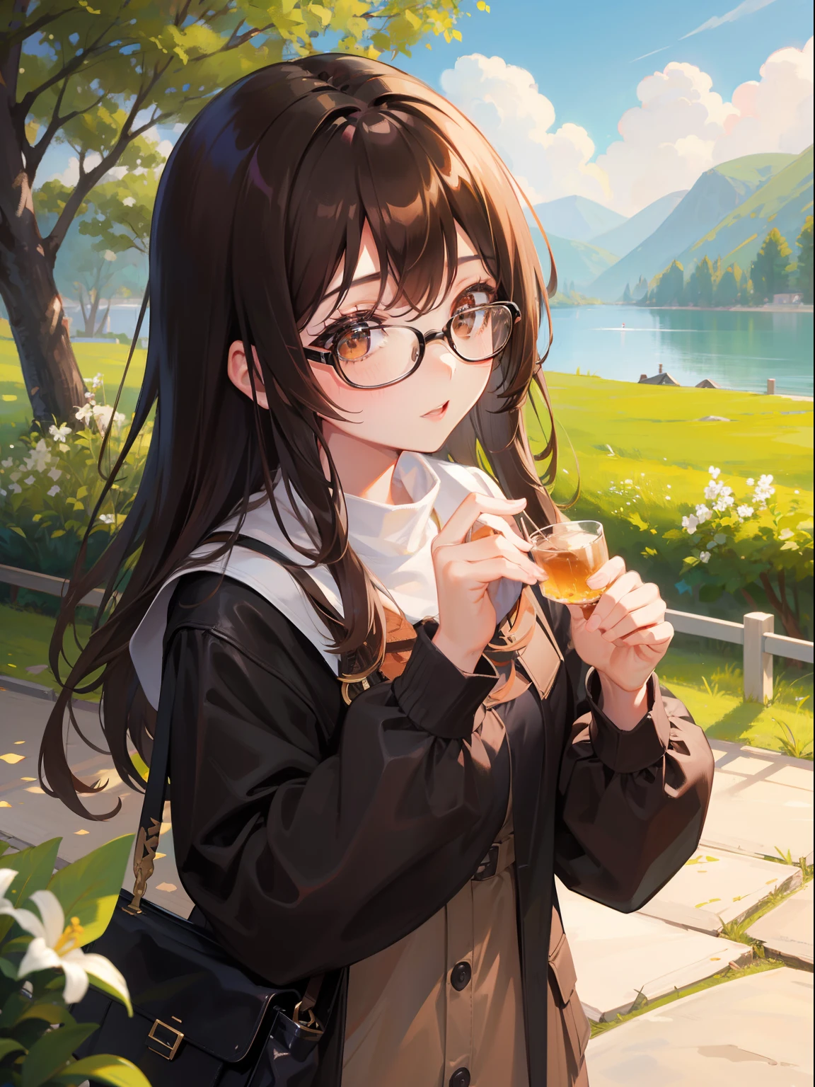 1人の女性、brown haired(Curta)、Brown eyes、Black-rimmed glasses、Spring landscape