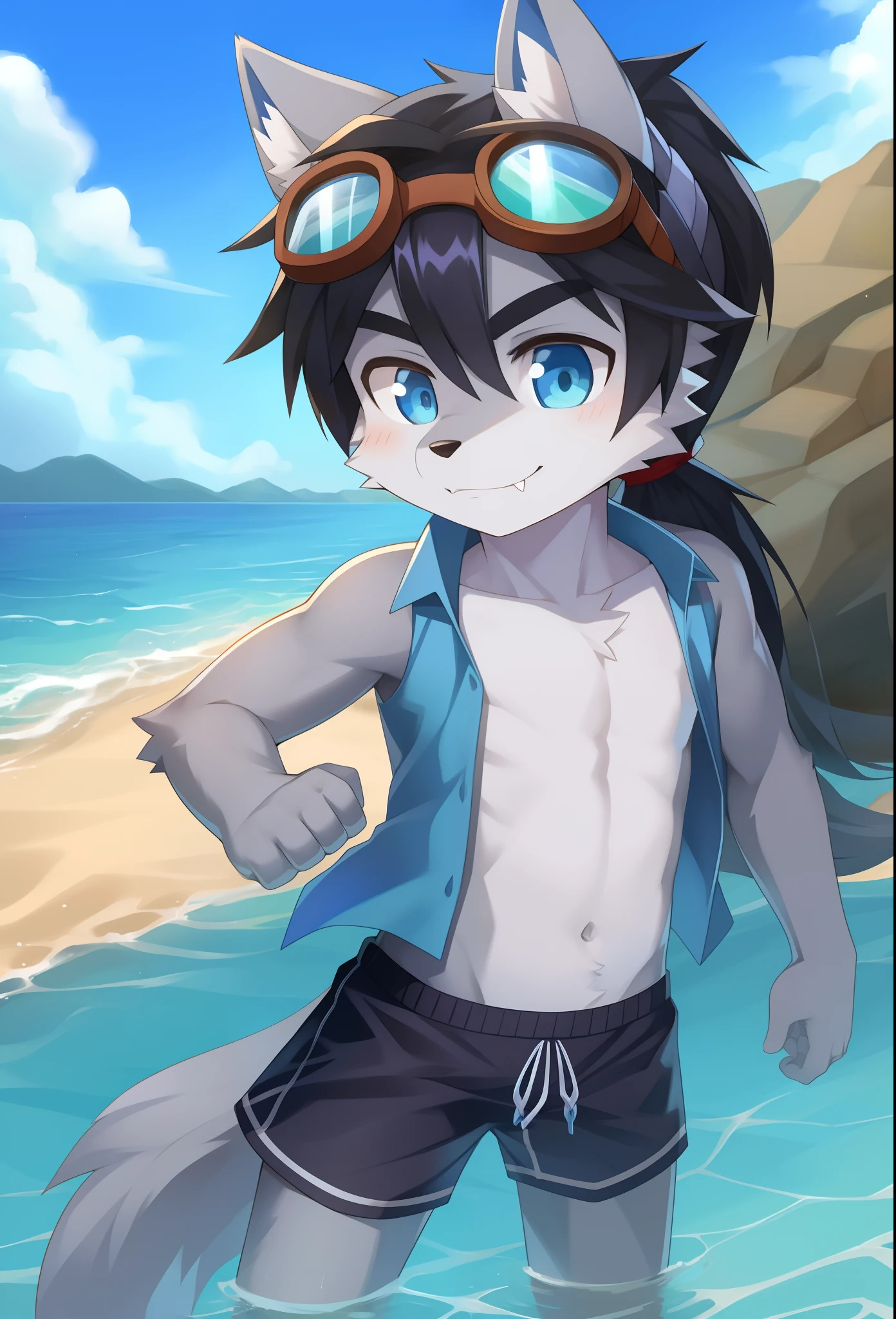 Furry shota, wolf, black hair, long spiky ponytail, blue eyes, detailed body fur, ((goggles, blue hawaiian shirt, open clothes, one shoulder off, black swim trunks)), looking at another, fangs, clear grey body fur, detailed face, big eyebrows, detailed eyes, detailed body, detailed body fur, detailed hands, glistering body, shiny body, skinny, injured, dirty, torn clothes, solo, beach, angry, score_9,score_8_up,score_7_up, source_cartoon, source_furry, running towards viewer, angry expression, glowing blue eyes, from above, dynamic action shot, speed lines, motion blur, Birds Eye view, fight, ice magic,