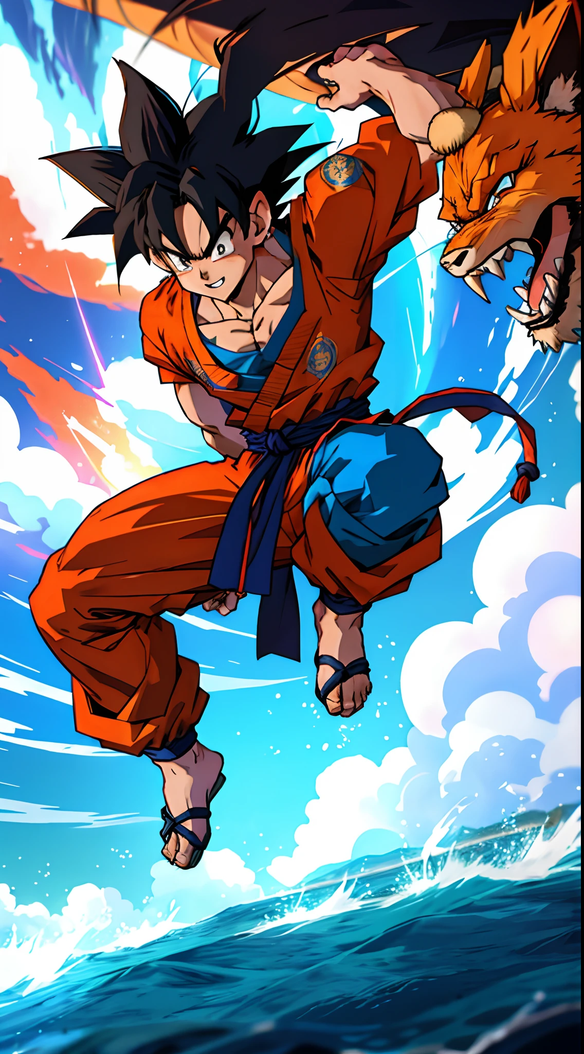 (A detailed drawing of goku, Bodybuilding-Fitnessstudio.),Anime picture, With bare upper body, the strongest of all, huge muscular body, Big Bizeps, large shoulders, muscle legs,abs, barefoot, Martial arts, Kick with foot, Full body image, Rear view, side chest, crunch, beserk, barefoot, sole of the foot , Toes, in anime style 