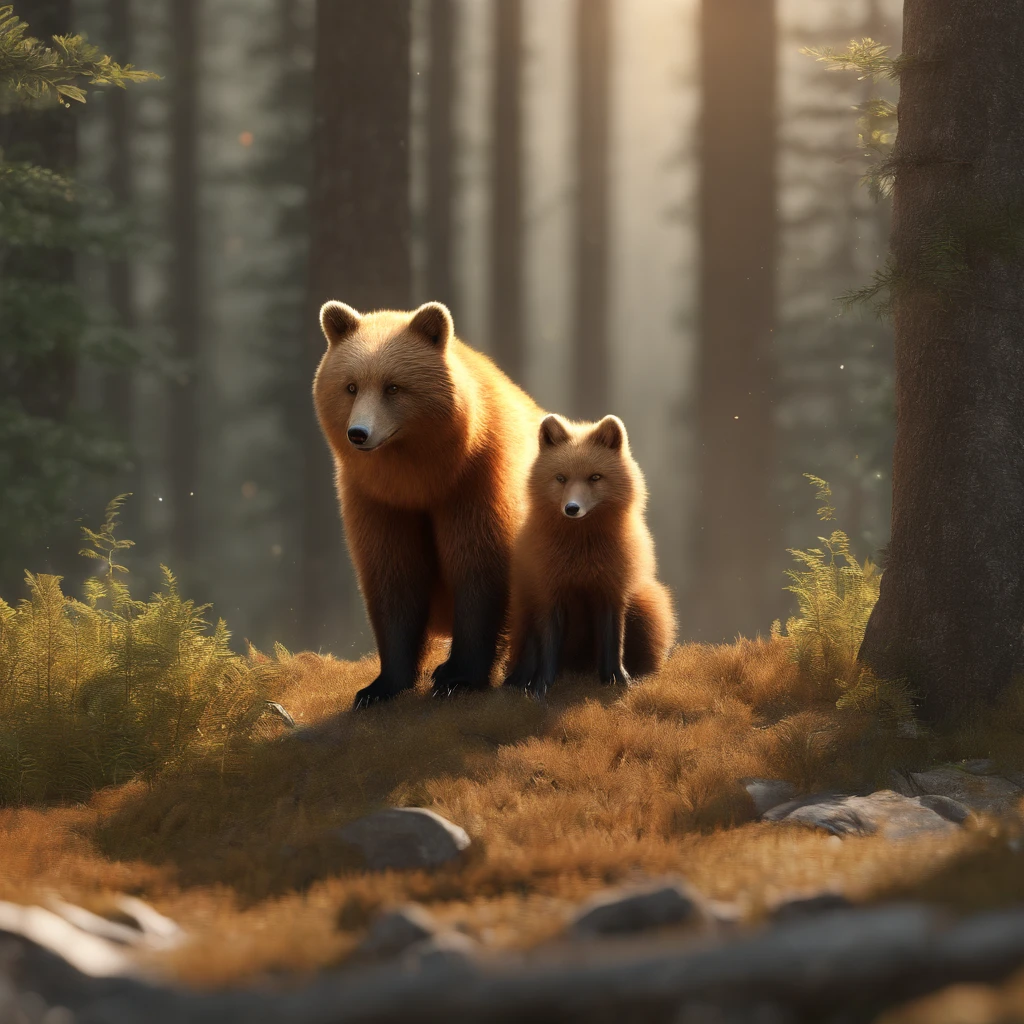 One Bear,One Fox,We met in the forest。
bears are large and fluffy fur,。
The fox has beautiful fur。
At first, they looked at each other、It was in tension。
, Glossy and delicate,clean back ground, Good luster, 3D rendering of a,Best Quality
