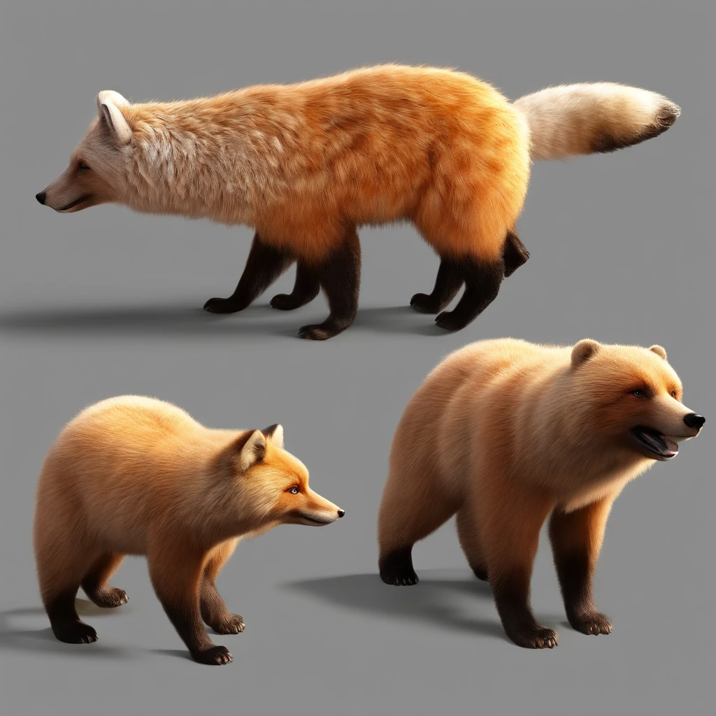 One Bear,One Fox,We met in the forest。
bears are large and fluffy fur,。
The fox has beautiful fur。
At first, they looked at each other、It was in tension。
, Glossy and delicate,clean back ground, Good luster, 3D rendering of a,Best Quality
