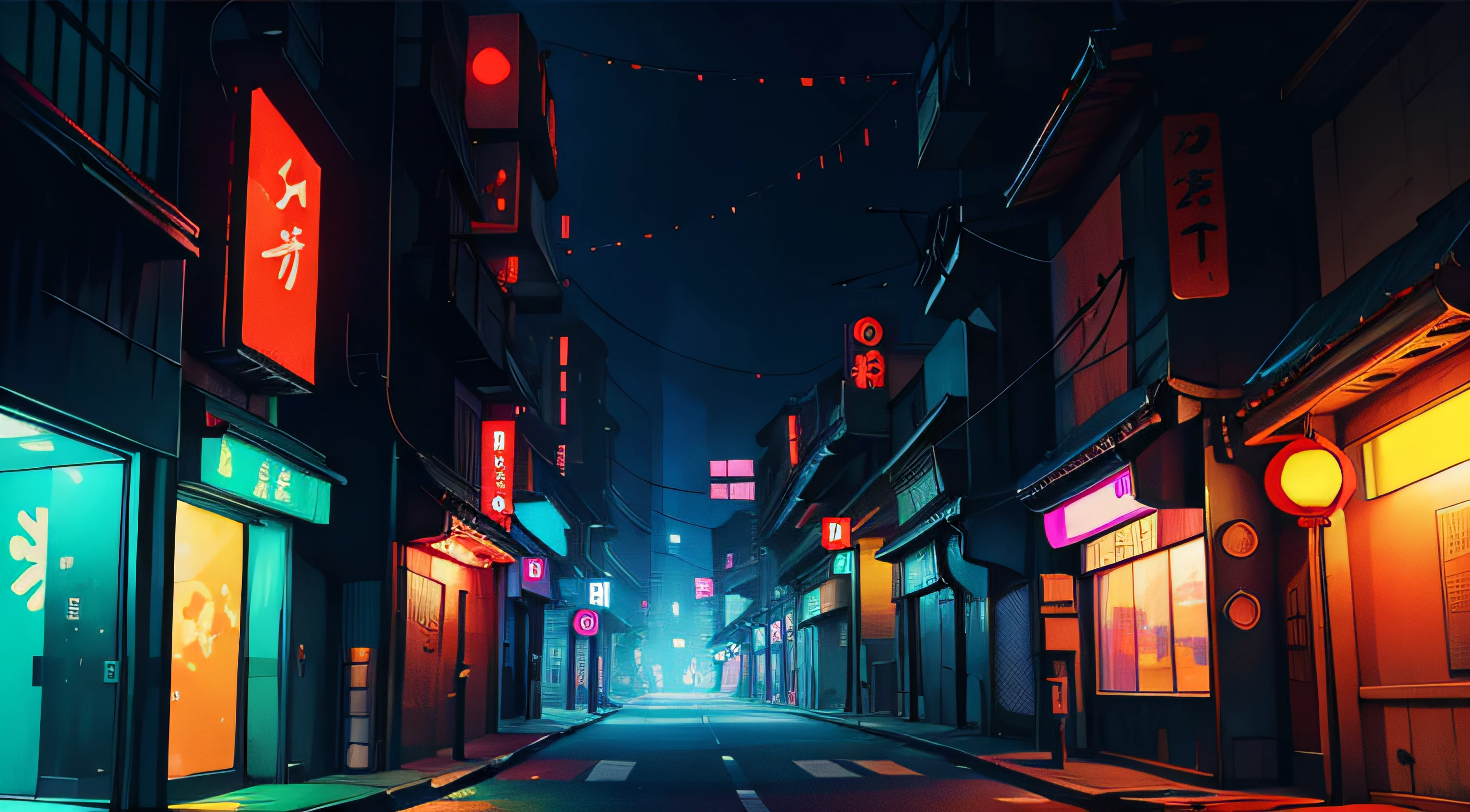 empty anime japanese cyberpunk night street, anime style, 4k, ultra detailed, vivid colours