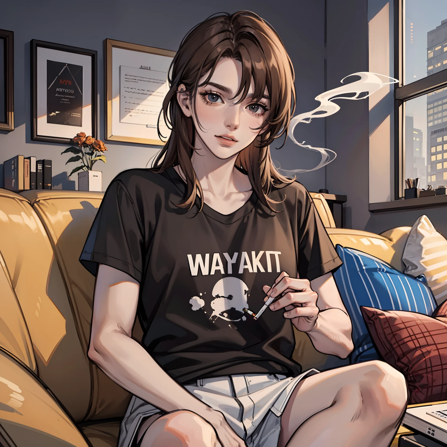 Man in black short sleeves,Brown hair sitting on sofa with office background, Smoking cigarettes, 4K, High resolution