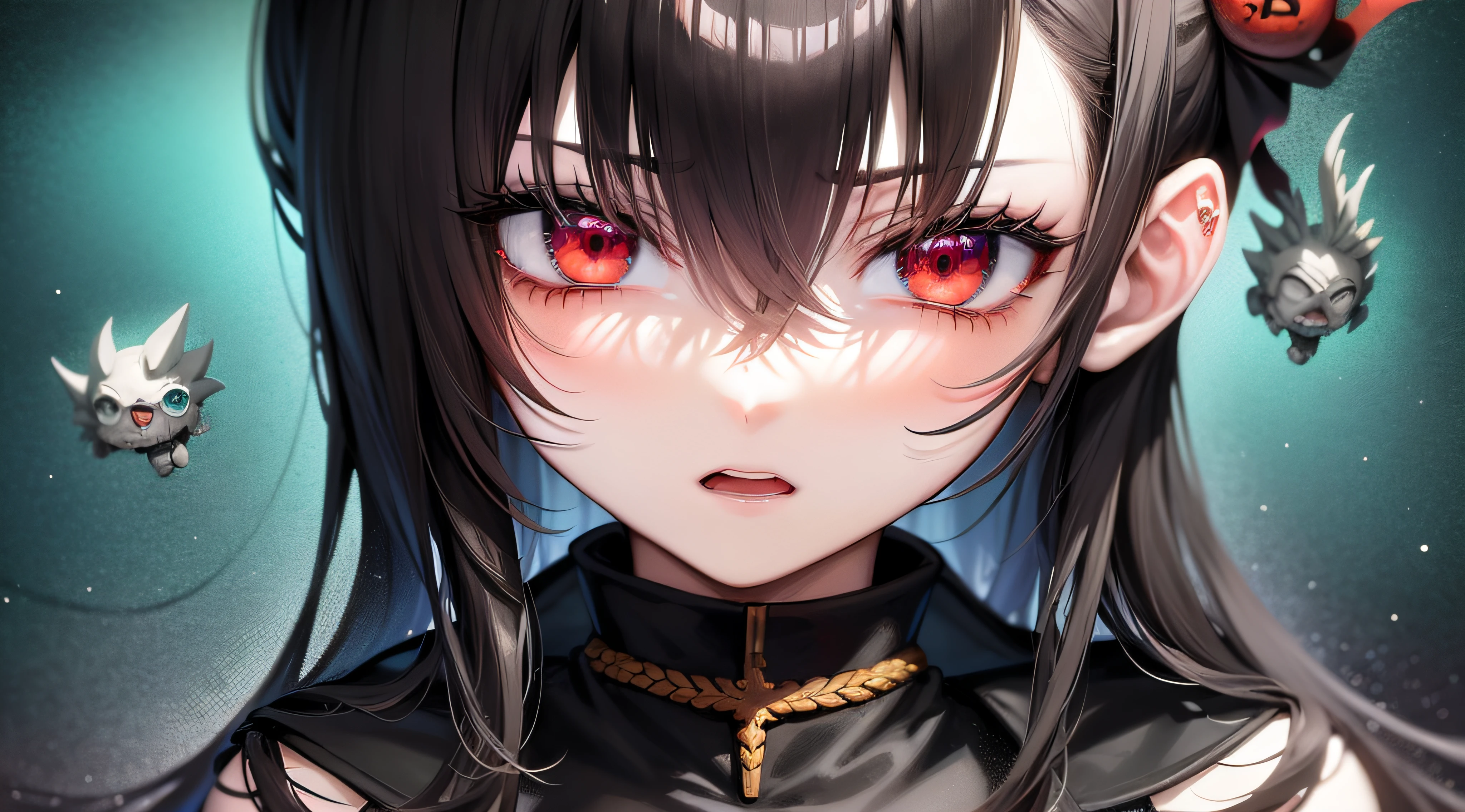 (personagem de anime)+horror+fantasia+(face with serious expression:1.1)+cabelo branco+(olhos vermelhos:1.2)+(pele cinza claro:1.1), cenario de fundo das trevas, roupas negras das trevas com detalhes em prata
