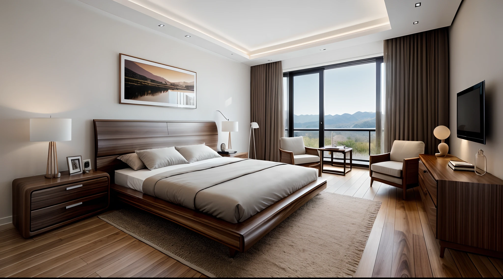 RAW photo, Masterpiece, high quality, best quality, authentic, super detailed,(( walnut furniture )), minimalist architecture, minimalist bedroom, couch, table, carpet, shelf tv, sofa, window, curtains,((laminated plaster,))), sunset light)), archdaily architecture, (high detail: 1.2), 8k uhd, dslr, soft light, high quality, film grain, Fujifilm XT3