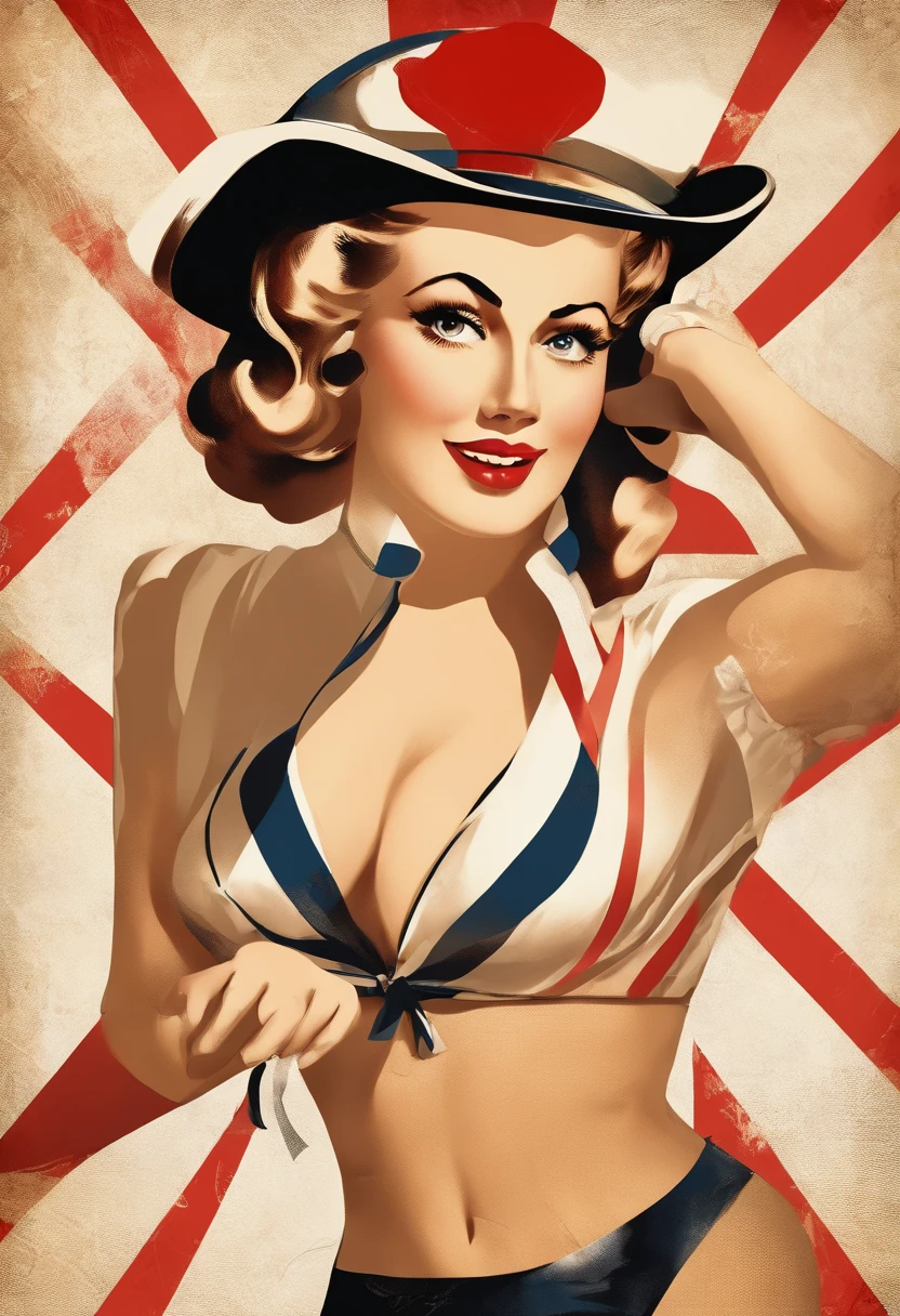 Retro vintage art print, poster of a sexy, glamorous pin-up girl wearing a sailors hat, bikini and polka dot stockings