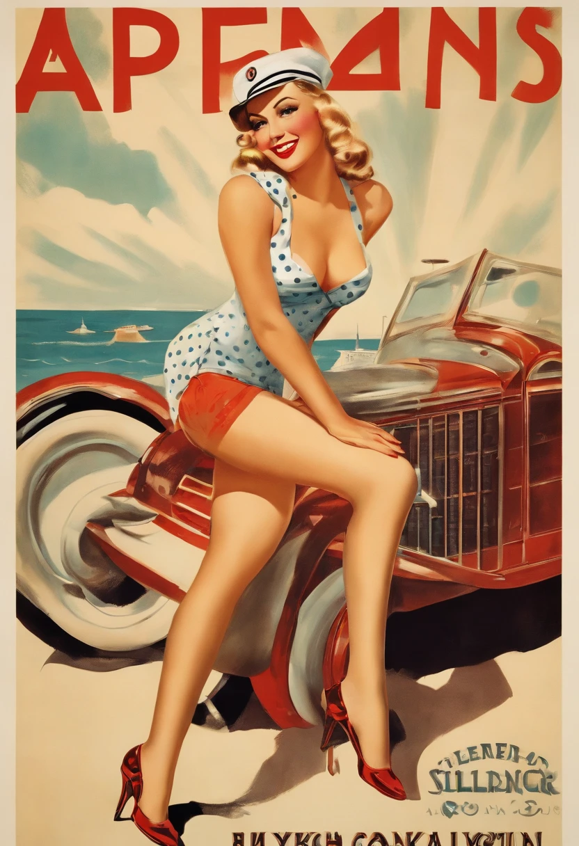 Retro vintage art print, poster of a sexy, glamorous pin-up girl wearing a sailors hat, bikini and polka dot stockings