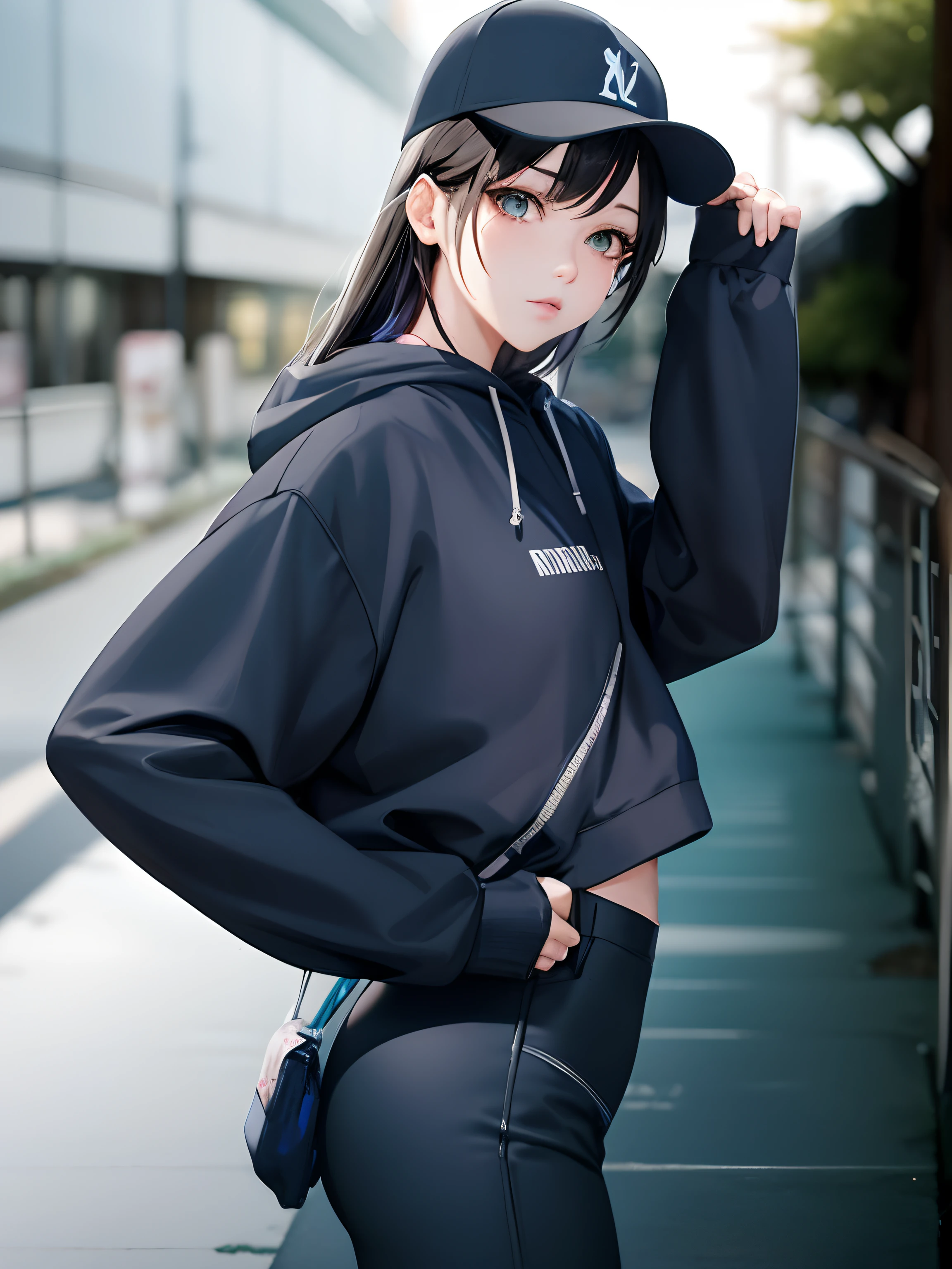 Anime girl in baseball cap and leggings pose for photo, cyberpunk anime girl in hoodie, realistic anime 3 d style, Smooth Anime CG Art, Style Anime, black haired girl wearing hoodie, realistic anime art style, artwork in the style of guweiz, Casual clothing, Casual pose, anime moe art style, digital anime illustration, Anime style. 8K