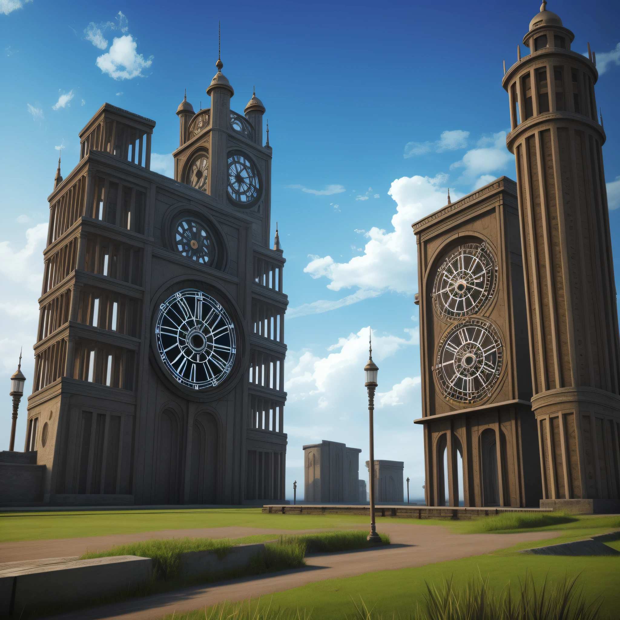 clock, scenery, gears, solo, sky, no humans, tower, fantasy