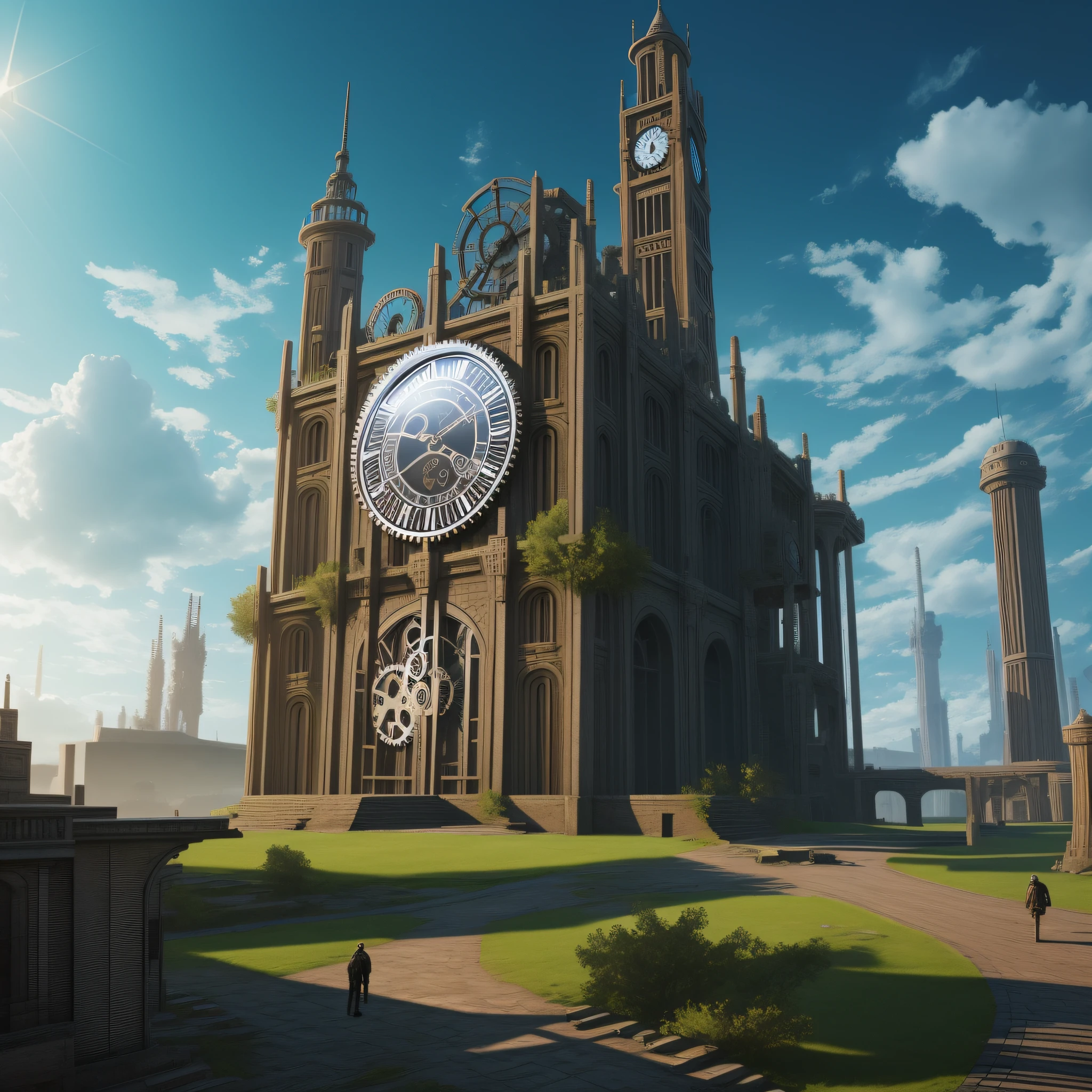 clock, scenery, gears, solo, sky, no humans, tower, fantasy