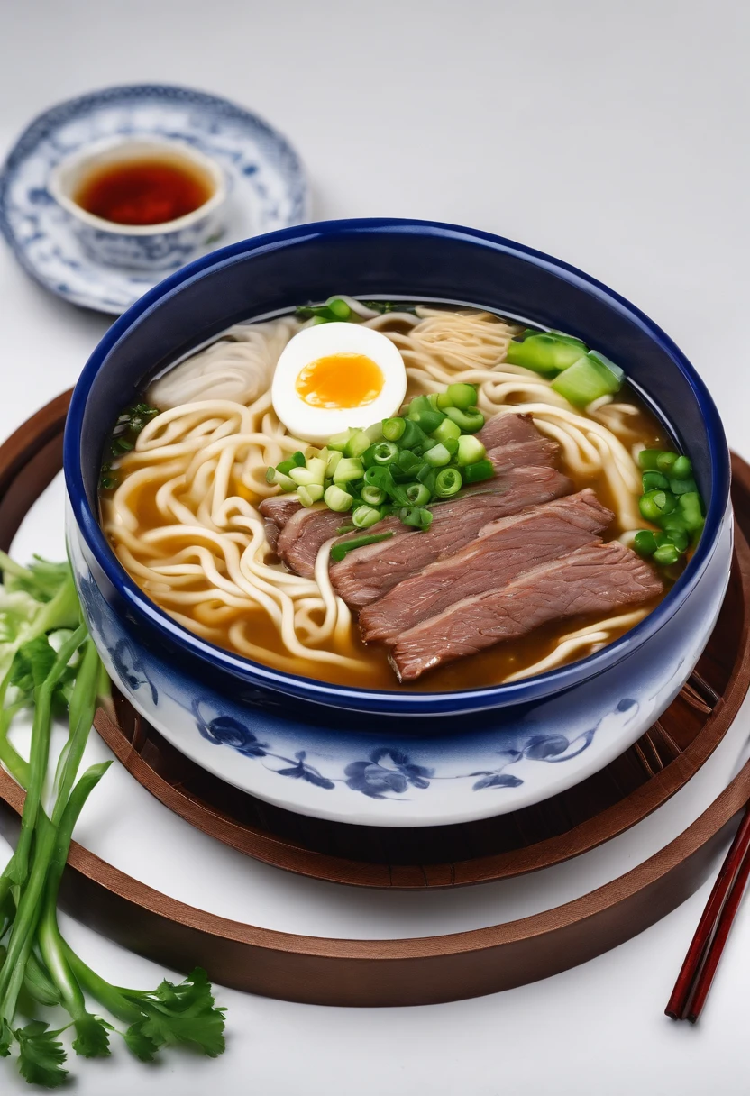 Ramen,Blue and white bowl,Alkaline water surface,Green onion,Beef slices,Light yellow soup,Piping hot,Floating pepper oil painting,Observation at a depression angle of 45 degrees