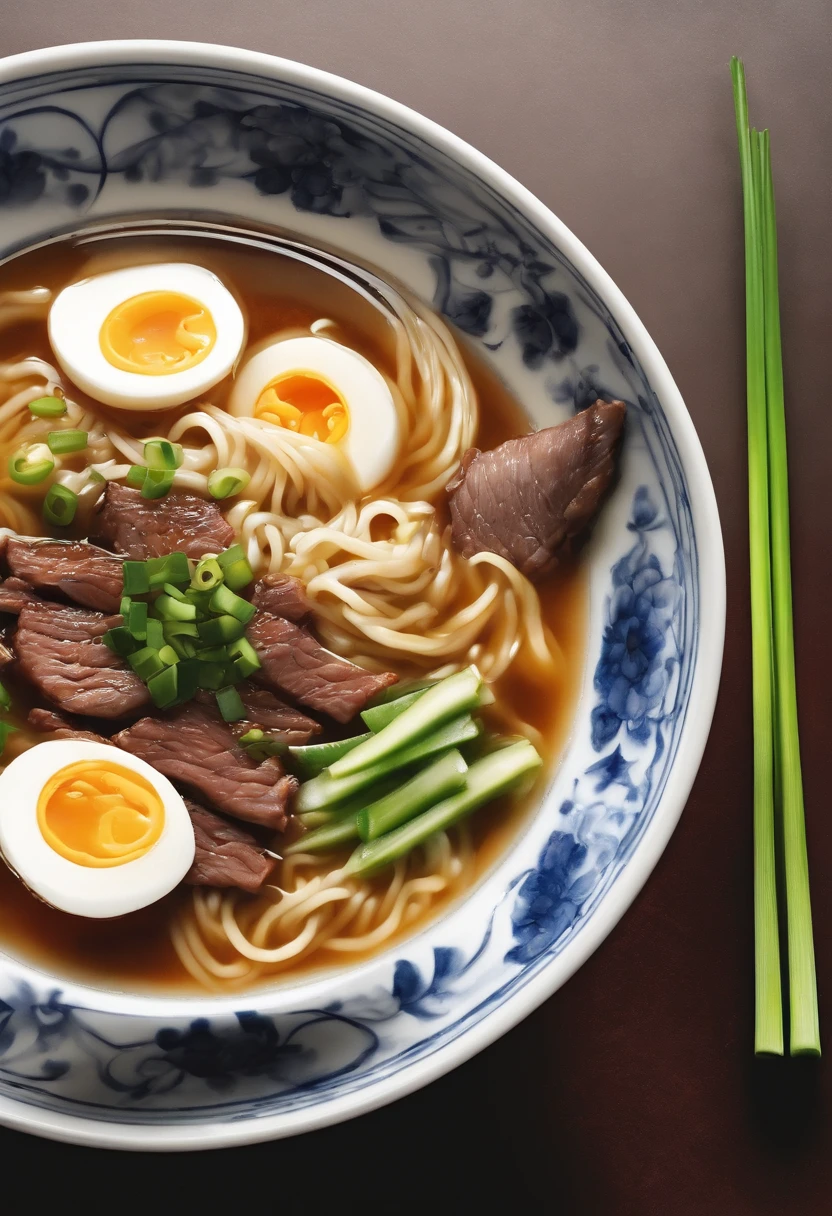 Ramen，Blue and white bowl，Alkaline water surface，Green onion，Beef slices，Light yellow soup，Piping hot，Floating pepper oil painting，Observation at a depression angle of 45 degrees