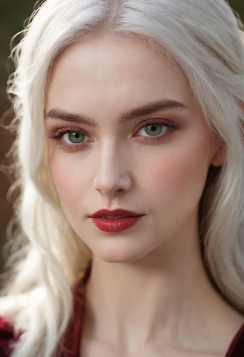 (((a deep reddish wound crosses her left cheek))) fair complexion, woman around 19 years old, natural white hair, distinctive green eyes, wearing kohl, slender and graceful, beautiful, candlelight in a medieval setting, ultra sharp focus, realistic shot, medieval female clothes, tetradic colors (scar:1.4)