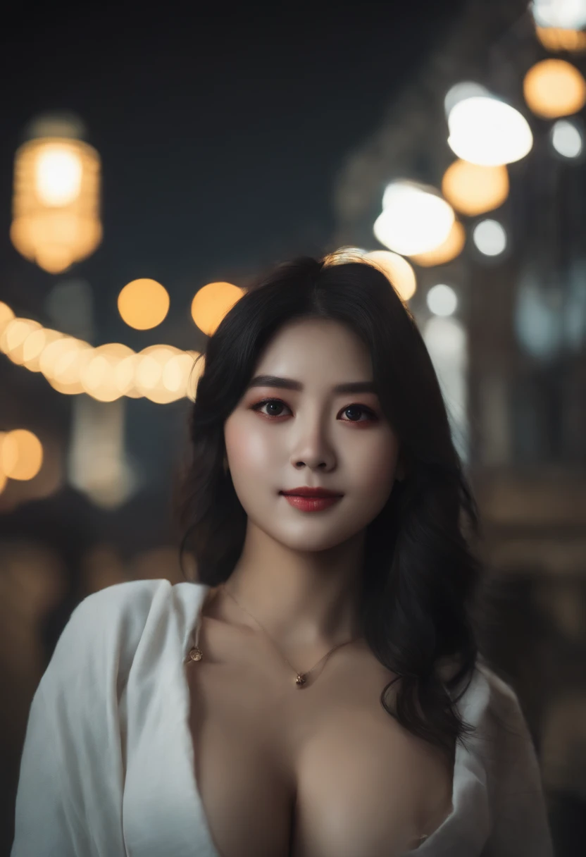 Chunmomo, 1girl, 独奏, realisitic, a smile, looking at the viewers, bblurry, black eyes, A dark-haired, bangss, length hair, tag, bluntbangs, hair adornments, A city scape, natta,校服, corsets、large boob