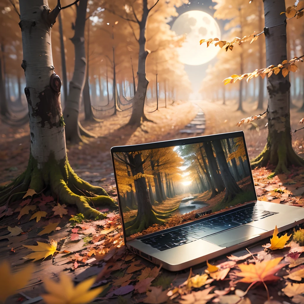 a laptop in the middle of a forest of deciduous trees in autumn, moonlight, ultra detailed, photorealistic --auto --s2
