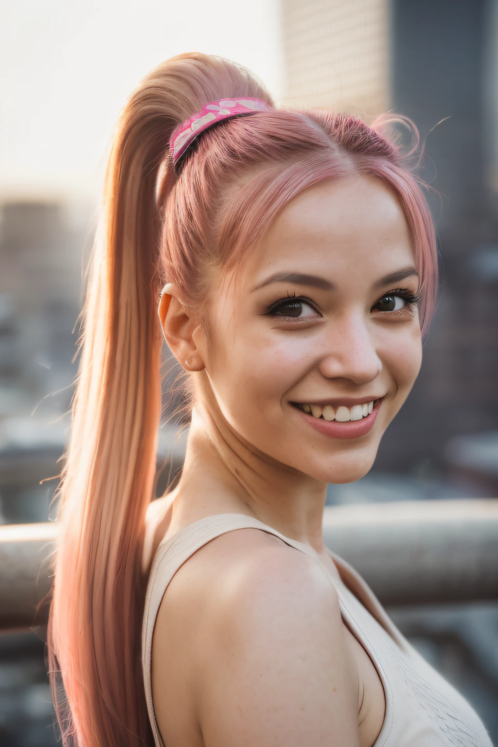 Portrait photo of a woman, (laughing:0.7), pink ponytails hair, complex city background,, (cinematic:1.5), epic realistic, hyperdetailed, insane details, intricate details, accent lighting, soft volumetric light, bokeh, (dramatic light:1.2), (neutral colors:1.3), cross process, looking at the camera