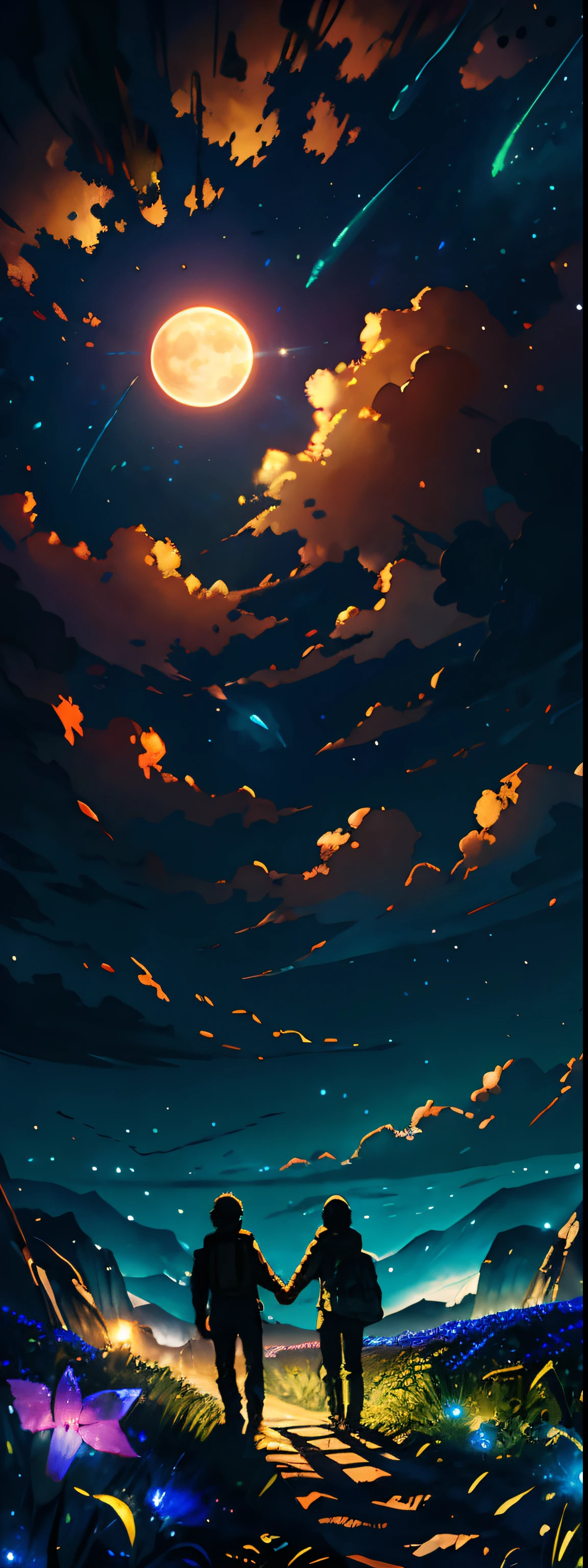 expansive landscape photograph , (a view from below that shows sky above and open field below), a boy and girl standing on flower field looking up holding hands, (full moon:1.2), ( shooting stars:0.9), (nebula:1.3), distant mountain, tree BREAK
production art, (warm light source:1.2), (Firefly:1.2), lamp, lot of green and orange, intricate details, volumetric lighting BREAK
(masterpiece:1.2), (best quality), 4k, ultra-detailed, (dynamic composition:1.4), highly detailed, colorful details,( iridescent colors:1.2), (glowing lighting, atmospheric lighting), dreamy, magical, (solo:1.2)