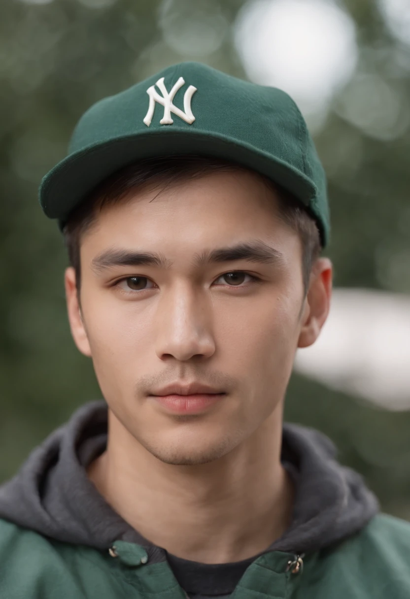 (((best quality, 8k))) mixed American Asian race, fair complexion, man around 27 years old, dyed blond hair, messy medium length hair, distinctive green eyes, wearing baseball cap, sharp jawline, handsome, wearing dark green jacket, ultra sharp focus, realistic shot, tetradic colors
