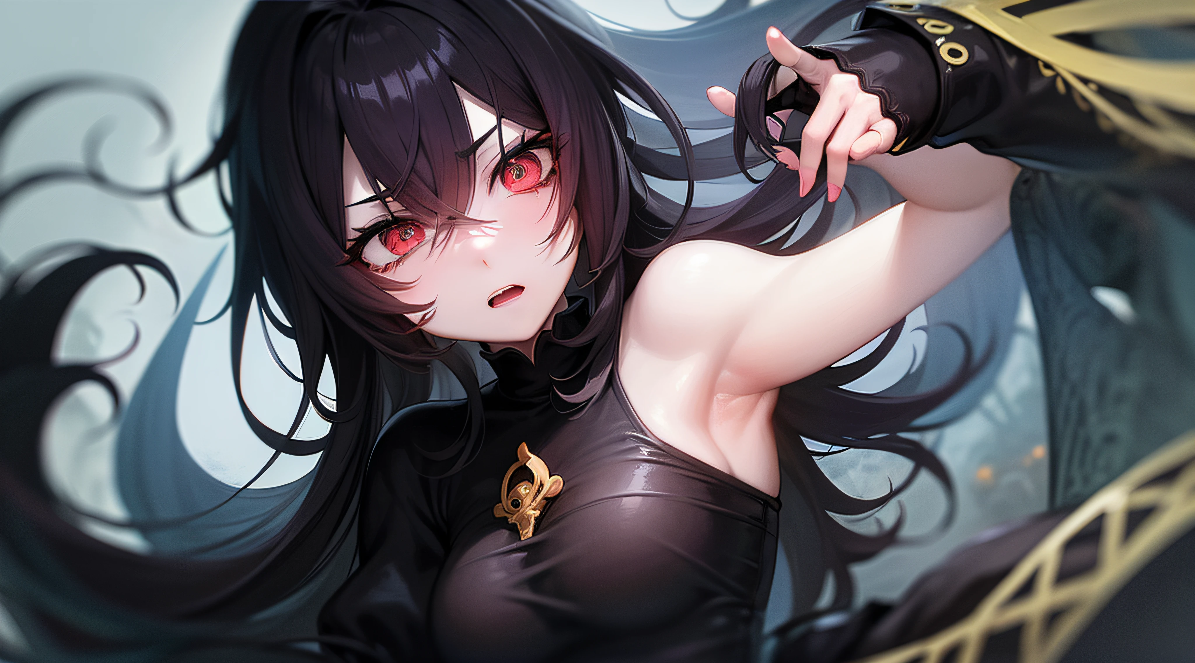 (personagem de anime)+horror+fantasia+(face with serious expression:1.1)+cabelo branco+(olhos vermelhos:1.2)+(pele cinza claro:1.1), cenario de fundo das trevas, roupas negras das trevas com detalhes em prata